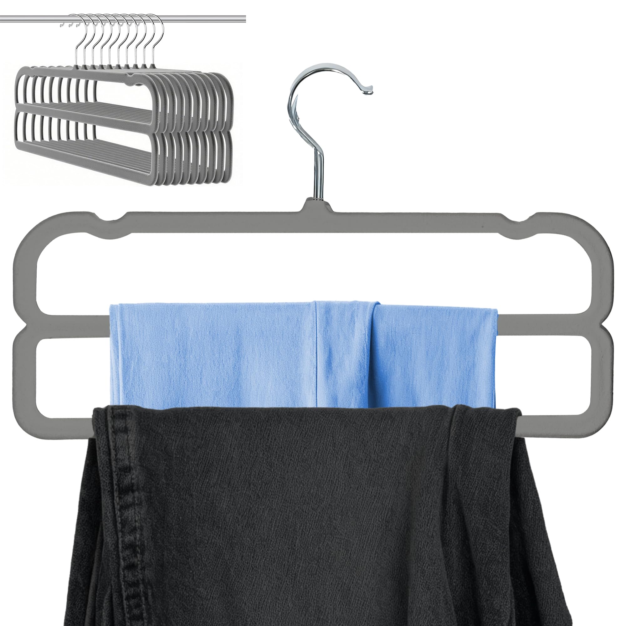 HGYZE Hosenbügel aus Samt, doppellagig, mit Rutschfester Stange, 10 Stück, Filz-Hosenbügel, 2 Etagen, platzsparend, mit 360° drehbarem Haken für Kleider, Shorts, Jeans, Slack,Grau