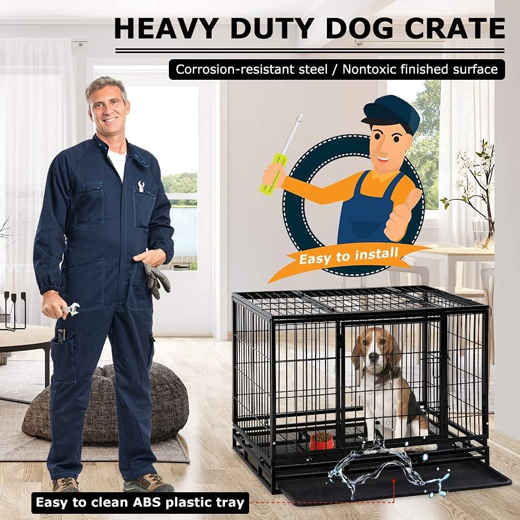 HHS GINMAON 48 inch Dog Crates for Large Dogs Heavy Duty Dog Cage Folding Metal Kennels & Crates with Double Door Removable Plastic Tray & Wheels for Medium & Large Dogs Indoor Outdoor Training-Black