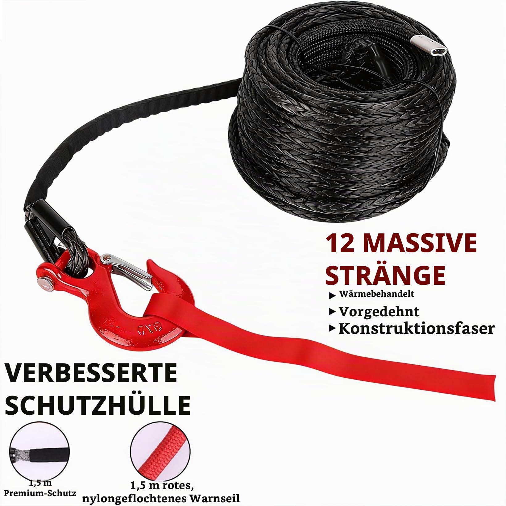 Kunststoffseil Windenseil, 8mm x 15m Abschleppseil, 12-Strand Synthetikseil mit Schutzhülle und Metallhaken, Forstseil Maximale Zugkraft 6000KG/13228 LBS, für ATV UTV SUV LKW Boot Offroad