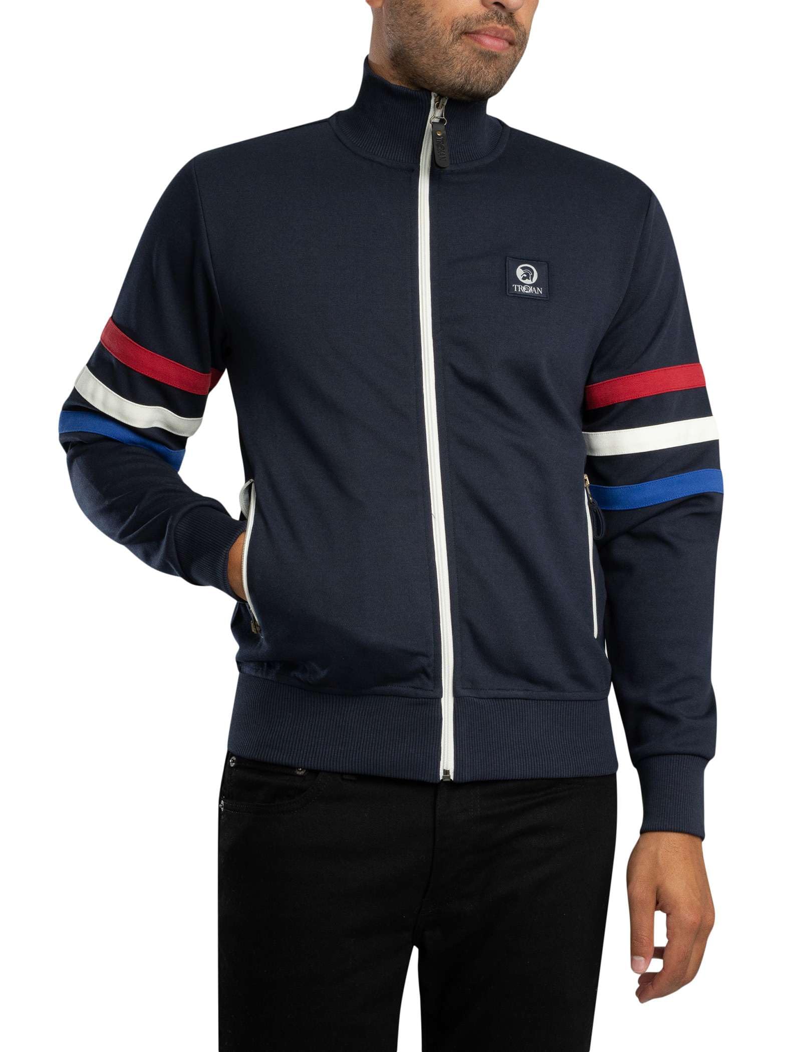 Trojan Men's Navy Stripe Sleeve Track Top (Uk, Alpha, M, Regular, Regular, )