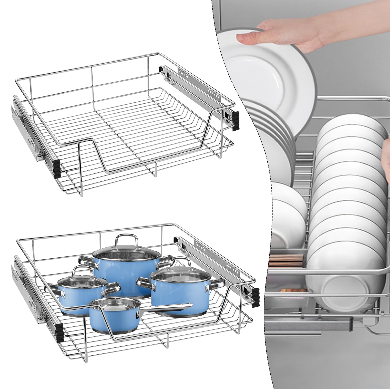 YUENFONG Lot de 2 tiroirs de cuisine télescopiques pour armoires de 60 cm (largeur réelle 57 cm)