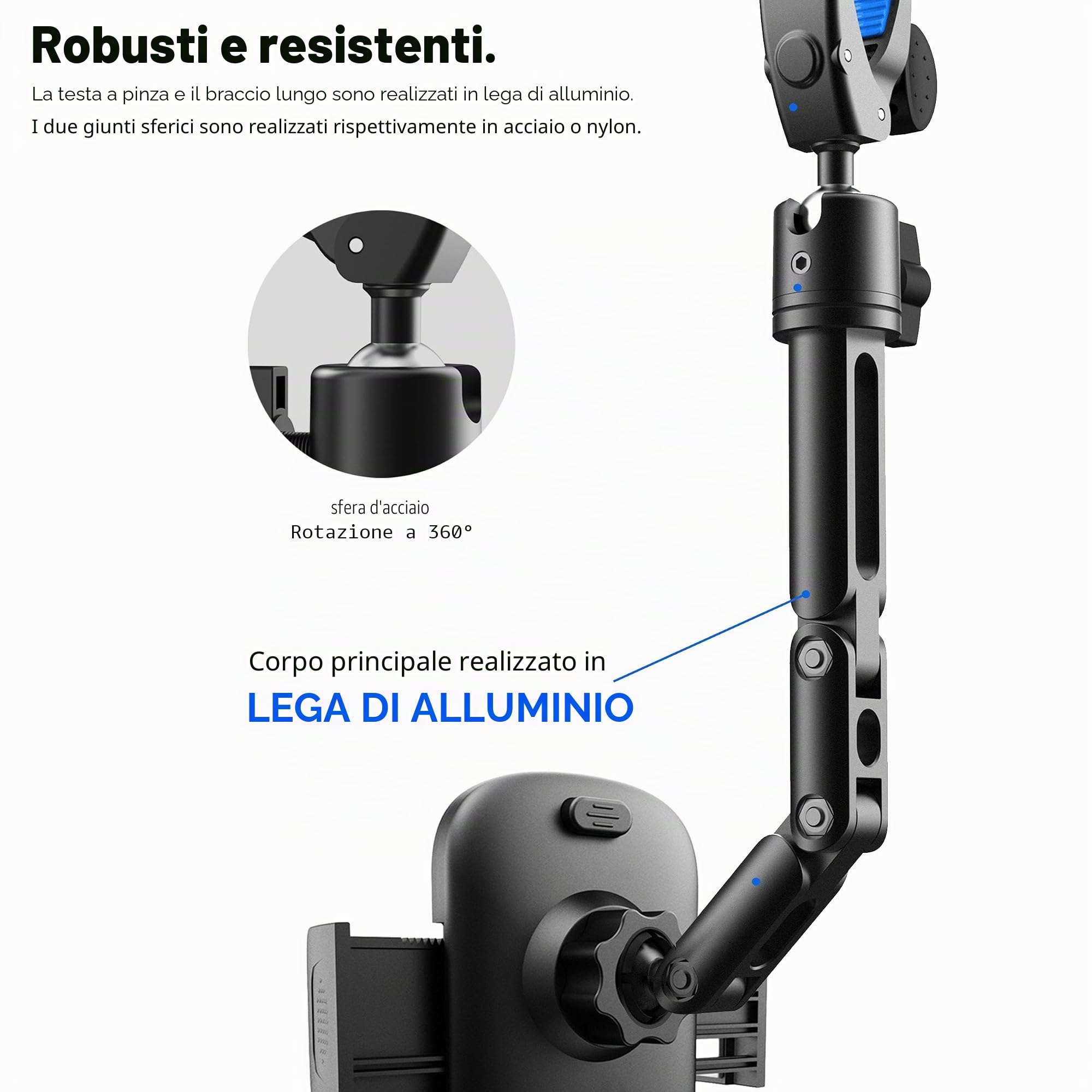 Quyee Supporto per telefono da auto, specchietto retrovisore, supporto per telefono in lega di alluminio, regolazione multi-angolo, girevole e retrattile, compatibile con tutti i telefoni cellulari