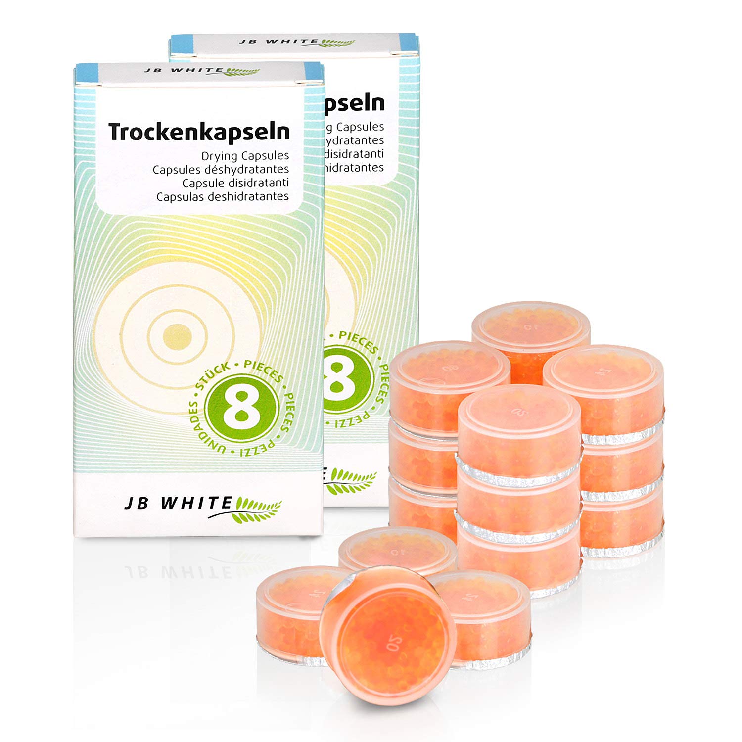 JB WHITE 8 Drying Tablets for Hearing aids and earmolds Orange Silica Capsules Against