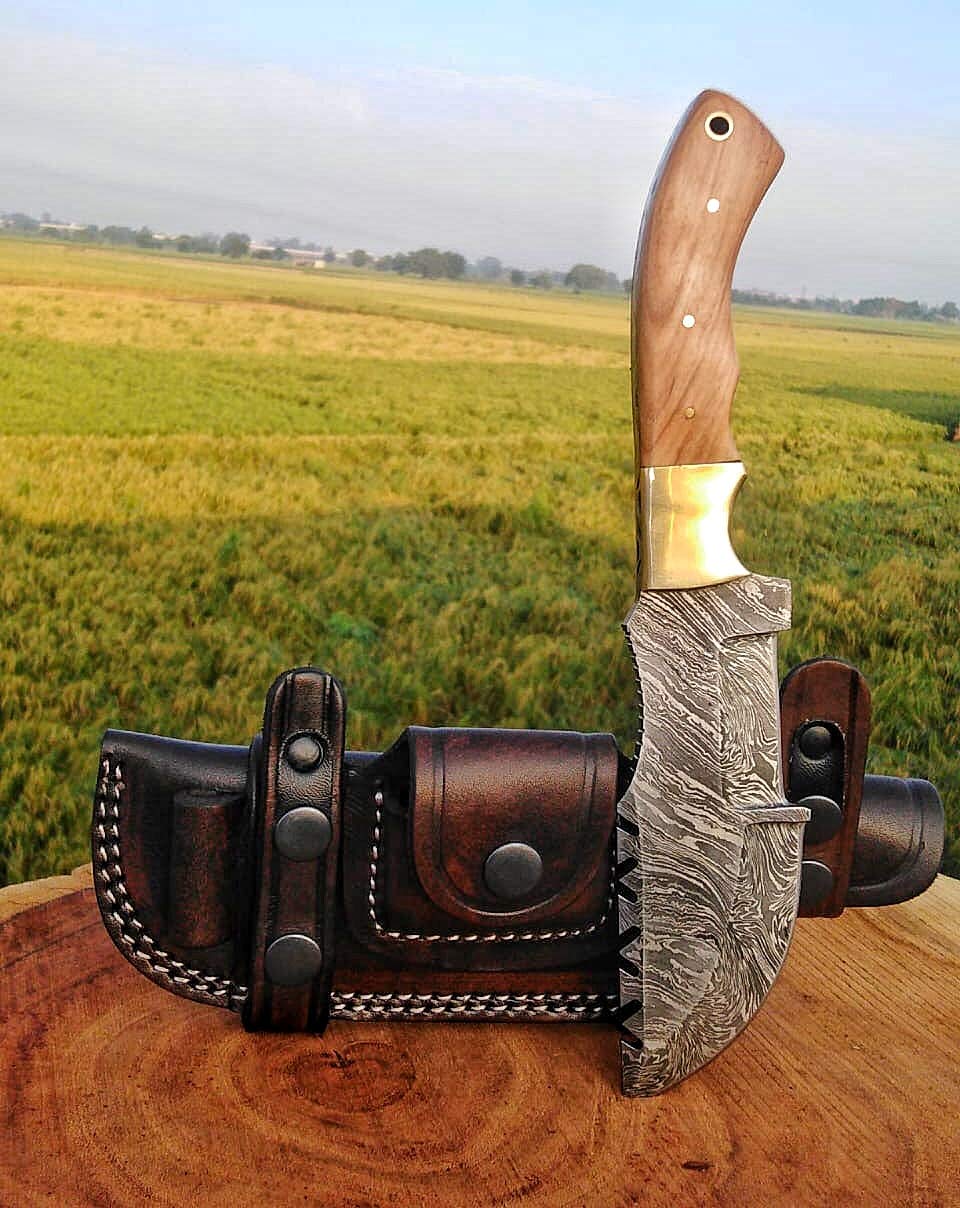 Ottoza Handmade Damascus Tracker Knife with Olive Wood Handle