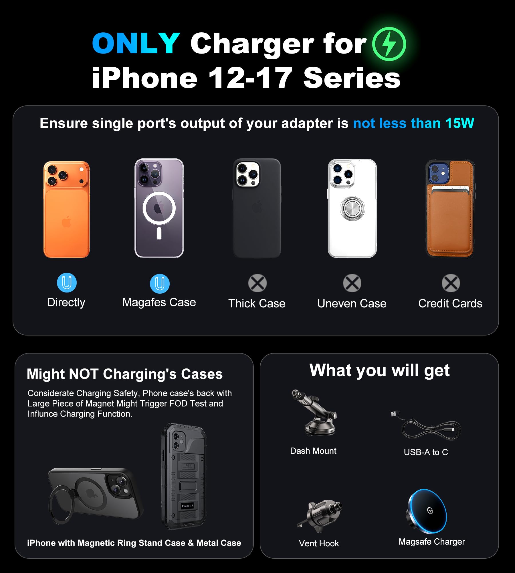 Caricatore Auto Magsafe con【Luce LED】per L'allineamento Notturno Supporto Telefono Auto Magnetico, per il Parabrezza Cruscotto Prese d'aria, per i-Phone 17 16 15 14 13 12 Serie