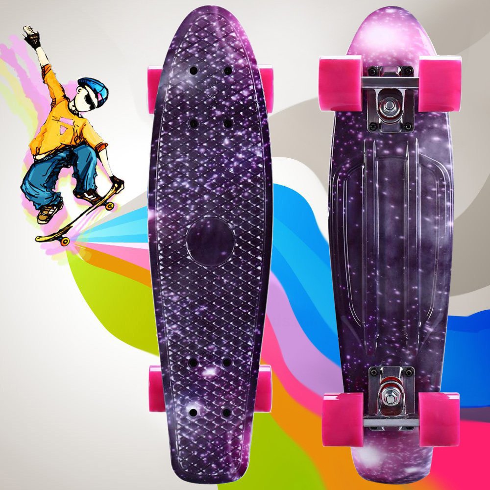 55 cm deskorolka fioletowy gwiaździste niebo wzór retro longboard mini Cruiser kompletny fioletowe koła PU
