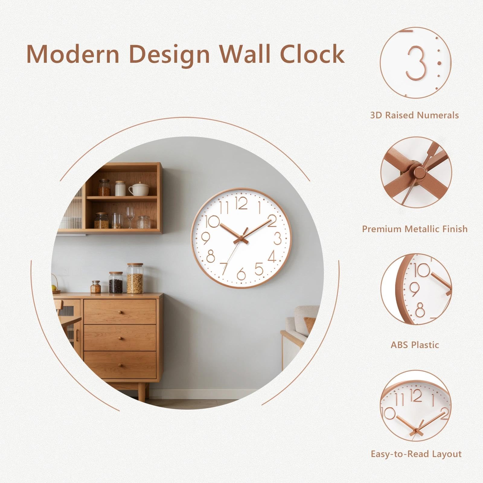 DAXSMY Wall Clock - 8 Inch Silent Non-Ticking Modern 3D Wall Clocks Battery Operated - Decorative Clock for Kitchen, Home Office, Bathroom, Bedroom(Rose Gold) - 5