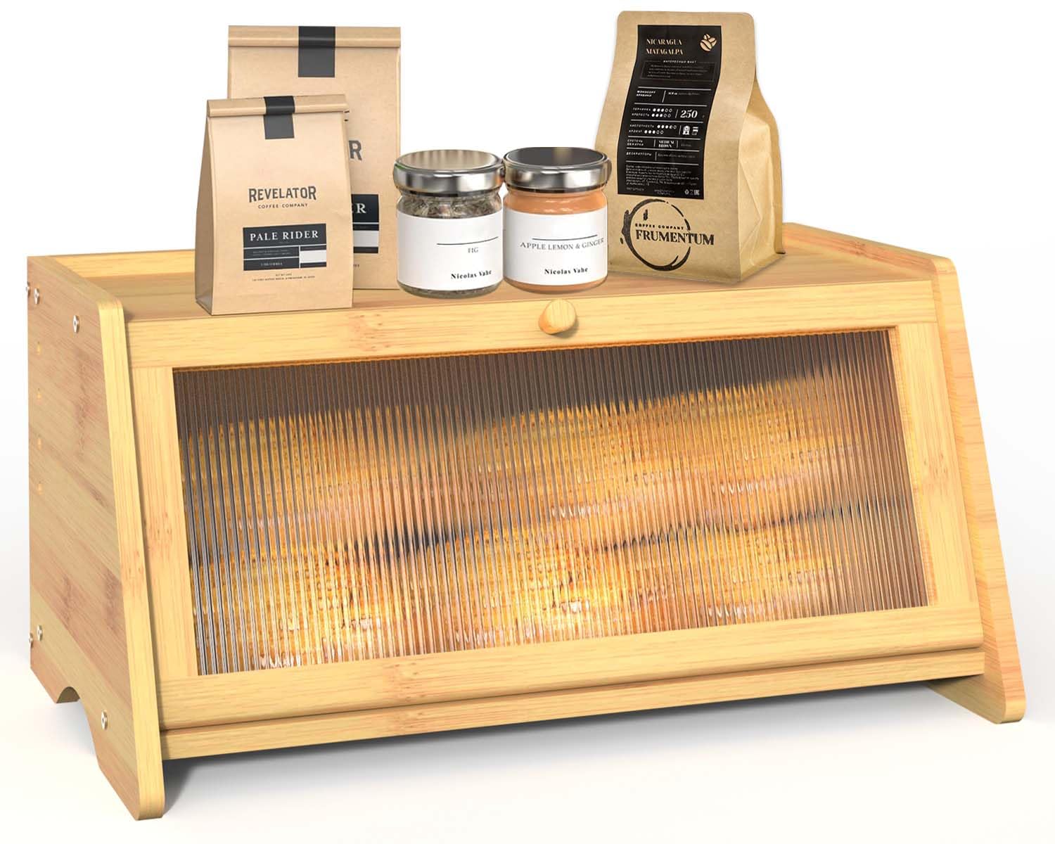 R S Trade Bamboo Bread Bin, Large Bread Bins for Kitchen Countertop, Retro Storage Box for Homemade Pastry with Acrylic Frosted Window