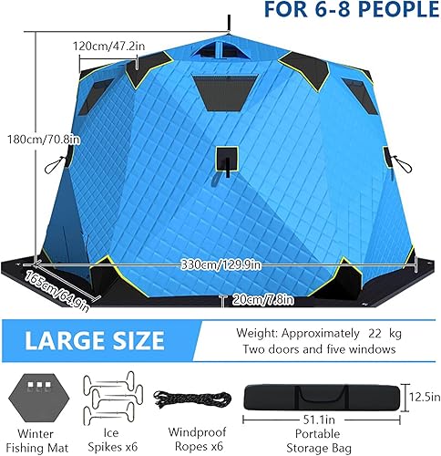 Miniatura 2 de Refugio portátil de pesca en hielo para 3 a 8 personas, tienda de campaña de pesca en hielo con aislamiento hexagonal con bolsa de transporte y