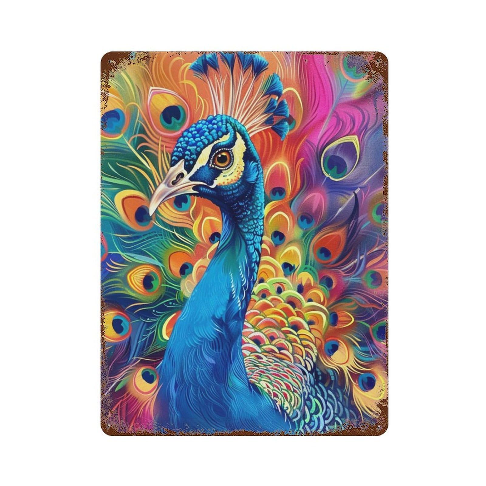 Weathered Tin Sign Colorful Peacock Art Print 15.7"x11.8", Novelty Wall Decor for Basement, Hobby Room And Garage Decor