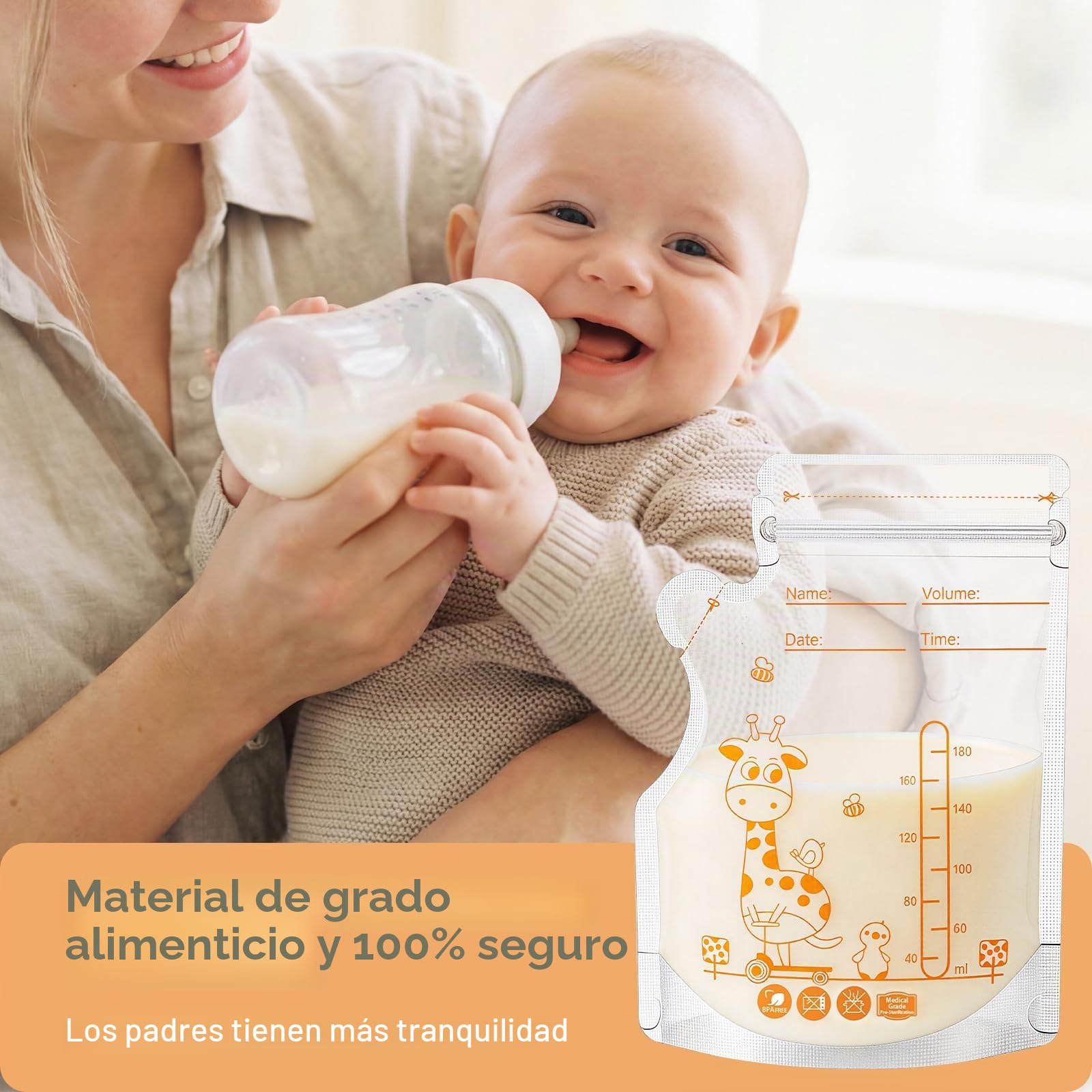 Vinabo Bolsas de Almacenamiento de Leche Materna, 180ml, 100 Unidades, Polietileno, Doble Cierre, Congelación Rápida, Libre de BPA