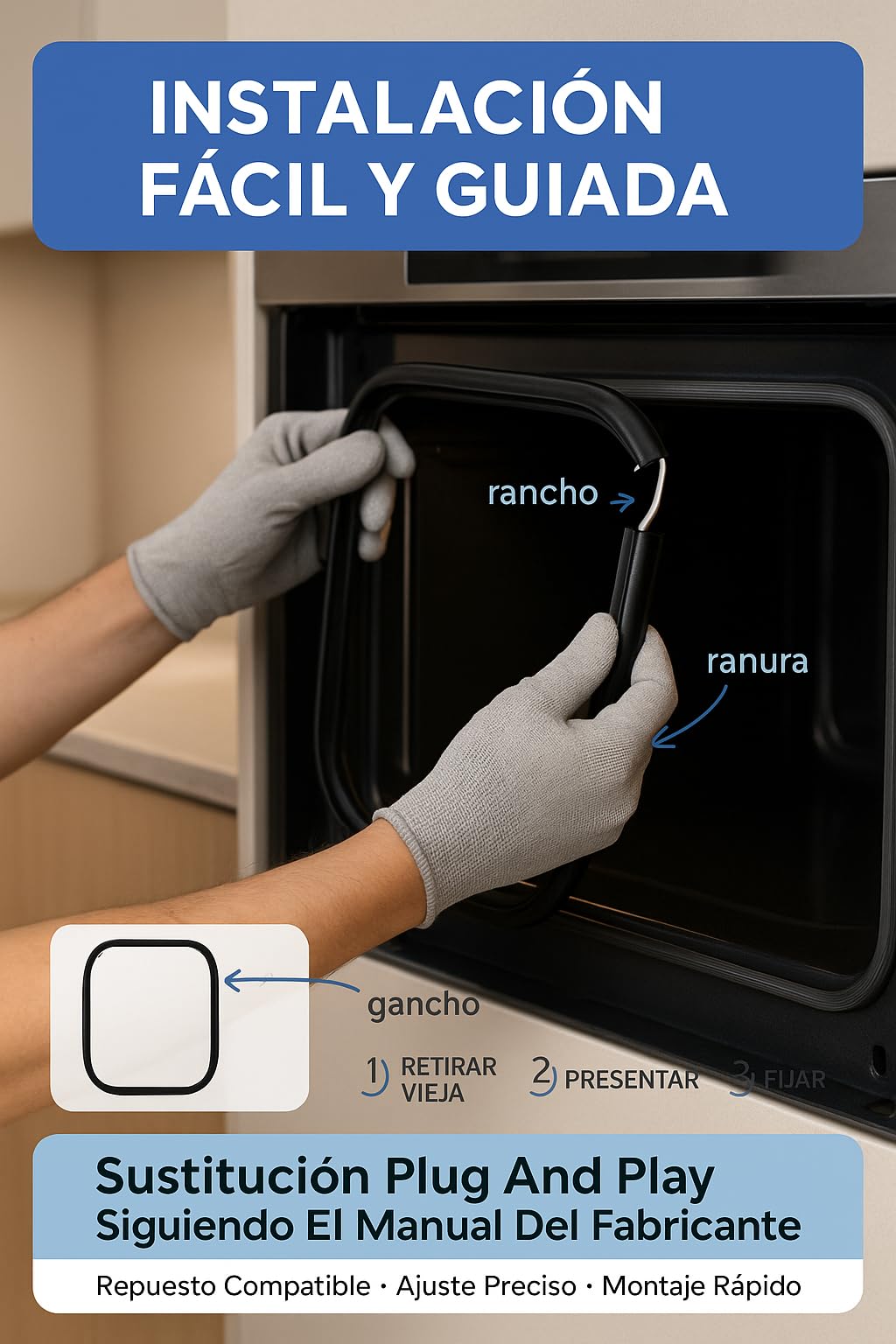 RECAMBIOS DREYMA Junta Puerta Horno 490x360mm 4 Ganchos 00754066 Goma Alta Temperatura Sellado Hermetico Compatible con Bosch Balay Neff Repuesto Profesional Mejora Eficiencia Cocciones Uniformes