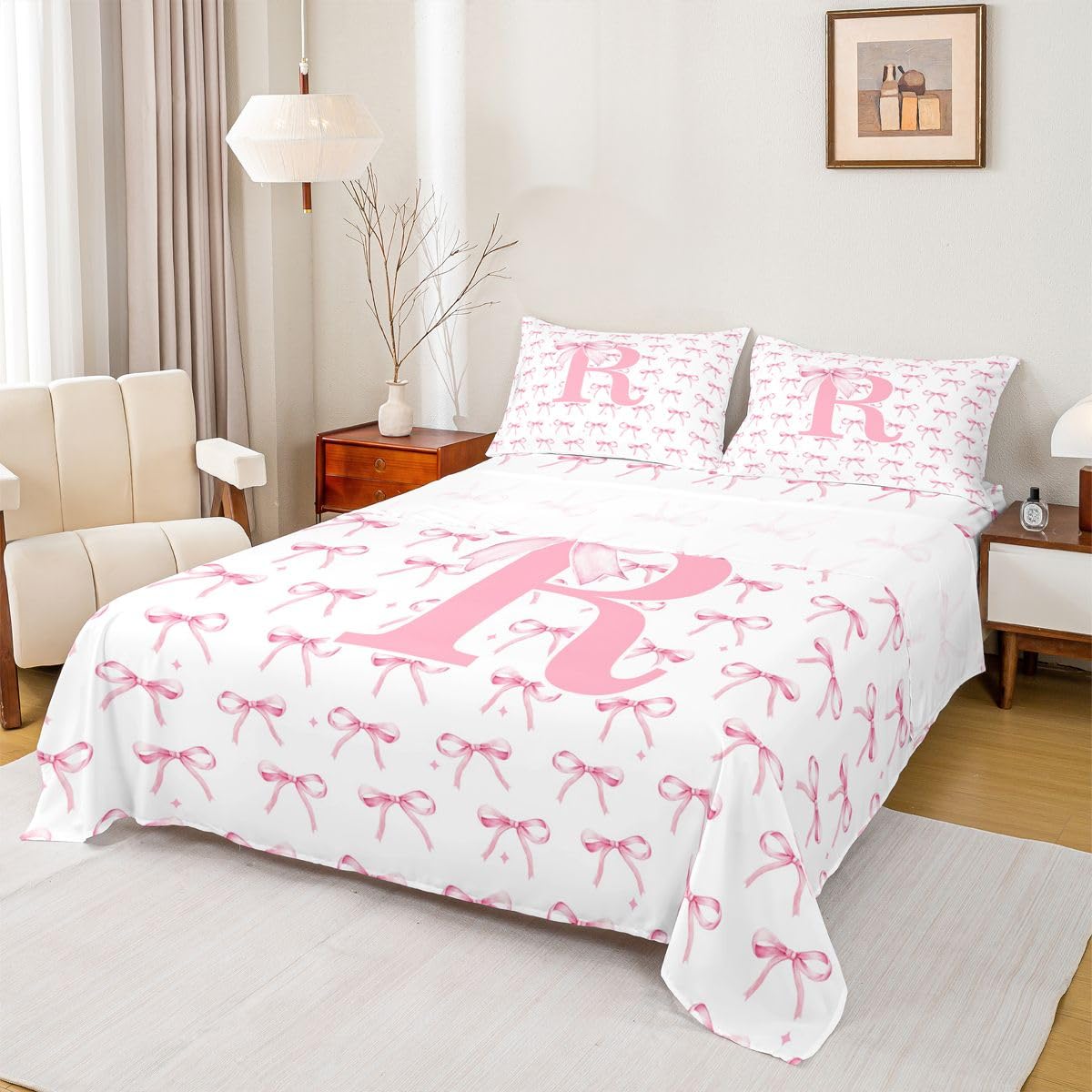 Homewish Urocza księżniczka kokarda zestaw prześcieradeł podwójny spersonalizowany inicjał R prześcieradła romans monogram pościel - kokarda zestaw pościeli 4-częściowy