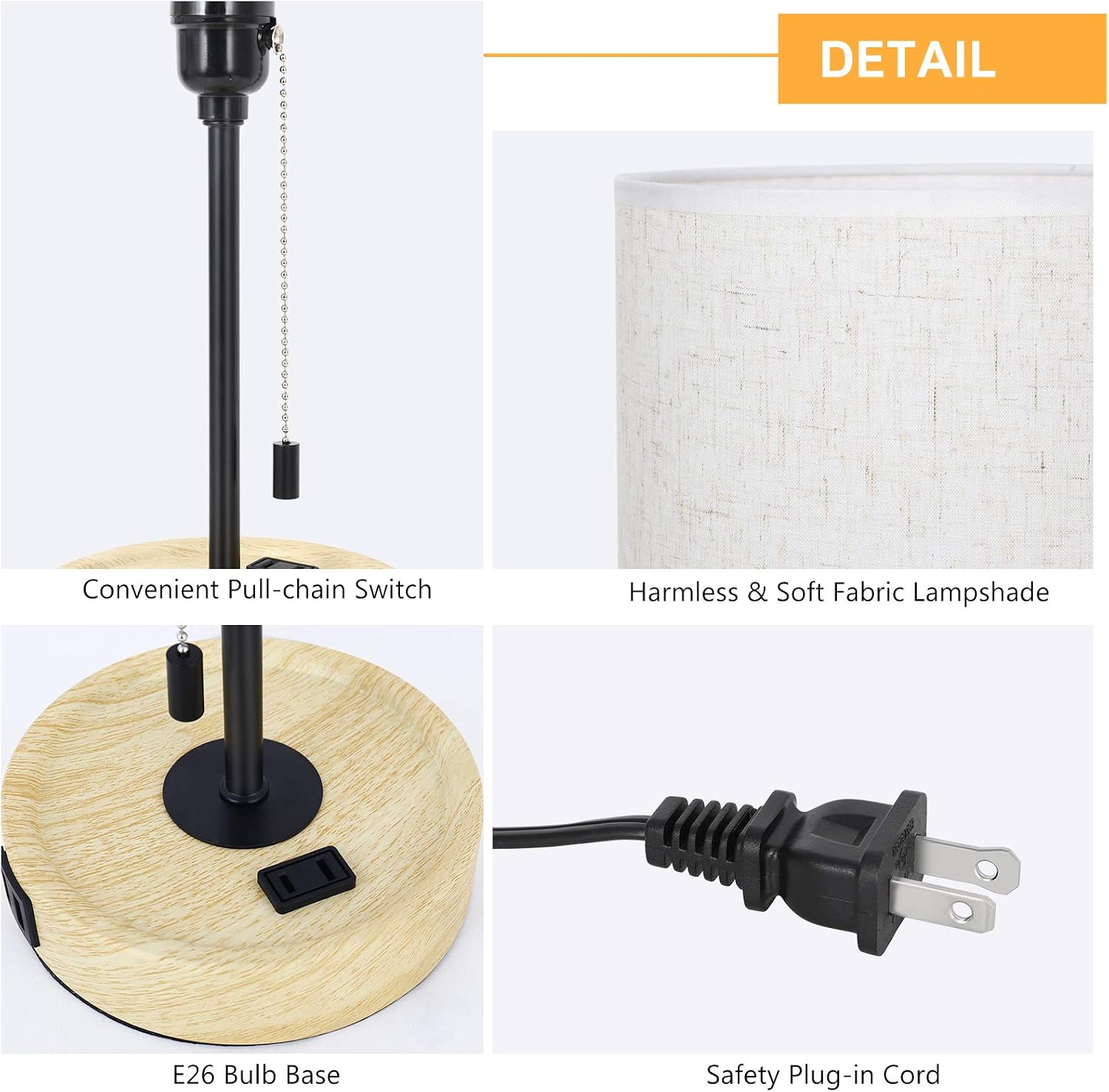 HAITRAL Wooden USB Lamp-Bedside Lamp with Dual USB Port and Outlet, Dual USB Table Lamp with Pull-chain Switch Table Lamp for Bedroom, Living Room, Dorm, Farmhouse- 1 Pack