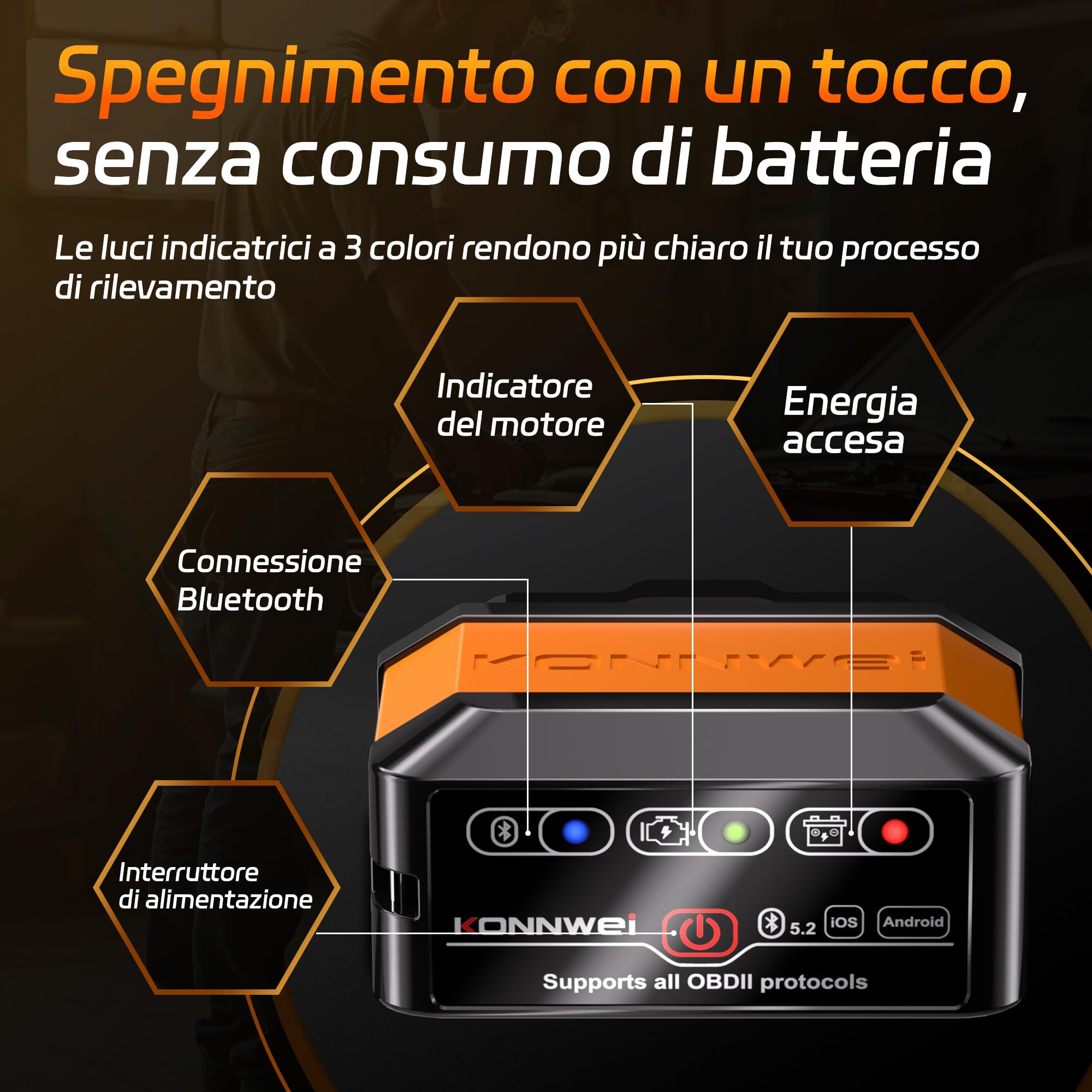 KONNWEI OBD2 - Dispositivo diagnostico Bluetooth, scanner wireless per auto, lettore di codici diagnostici con interruttore di alimentazione - Strumenti diagnostici OBD-II per iOS, Android e Windows