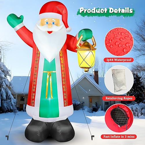 Miniatura 3 de FunFanso Papá Noel inflable de Navidad de 10 pies con linterna y guantes verdes, decoraciones de Navidad para exteriores, luces LED integradas para