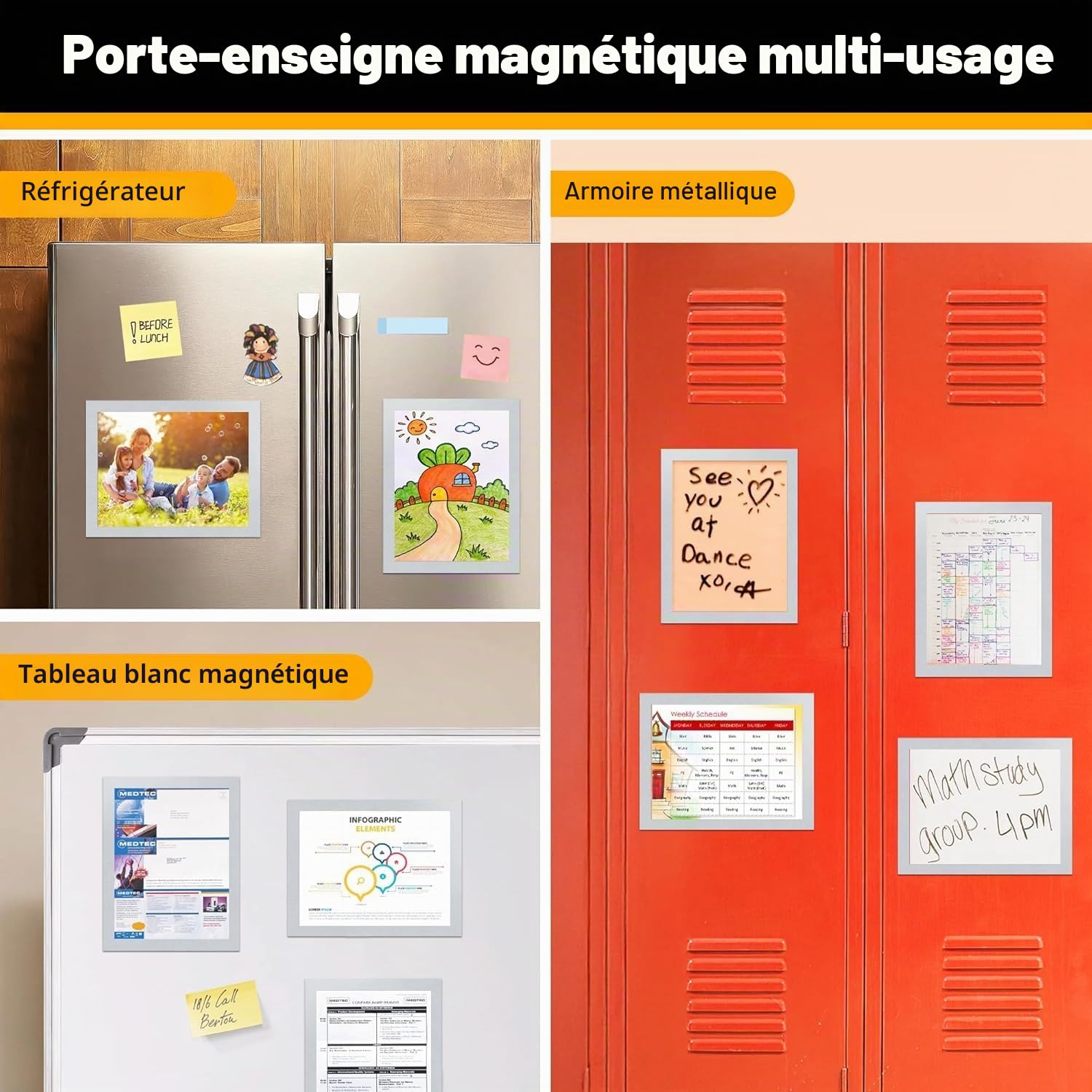 Lot de 20 porte-panneaux magnétiques A4 pour réfrigérateur, cadres d'affichage magnétiques pour tableaux blancs et surfaces métalliques, cadre photo, support pour papier documentaire, Argent