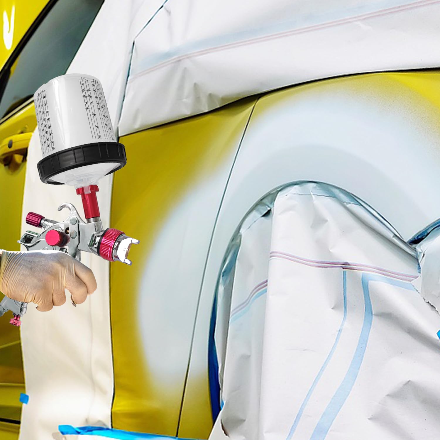 Pistola per Verniciare Pneumatica con 10 Tazze Colorate - Pistola a Spruzzo per Verniciare per Carrozzeria Auto, Kit Completo con 3 Ugelli e Manometro (Rosso)