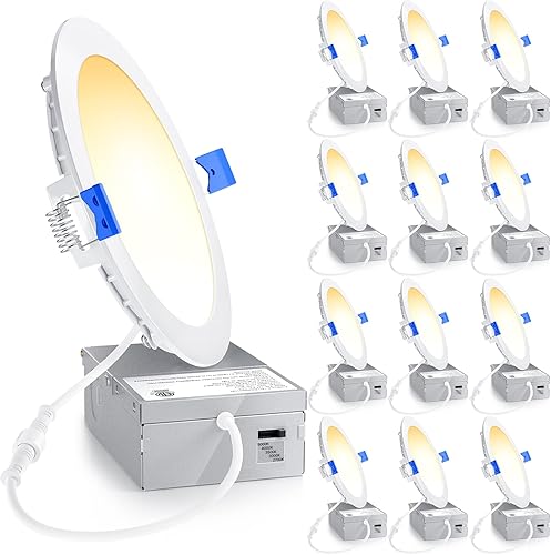 Ensenior Paquete de 12 luces LED empotrables ultrafinas de 6 pulgadas con caja de conexiones, 2700K3000K3500K4000K5000K seleccionable, 12W 110W Eqv,
