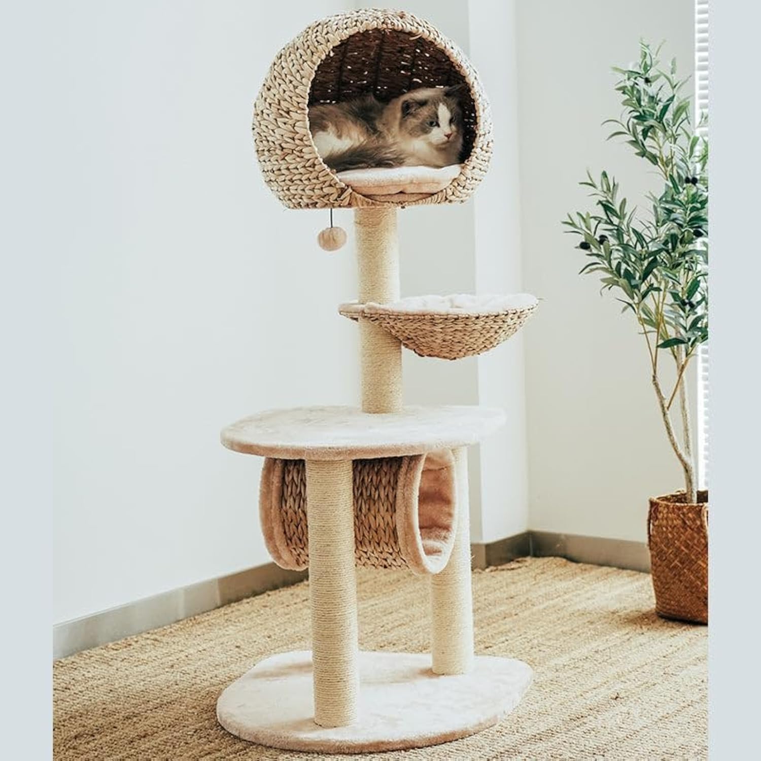 Happy & Polly 51" Rattan Cat Tree - Multi-Level Bird Nest Cat Tower for Indoor Cats, Cute Condo for Large Cats Easy to Assemble with Scratching Posts, Moder Cat Furniture Activity Center