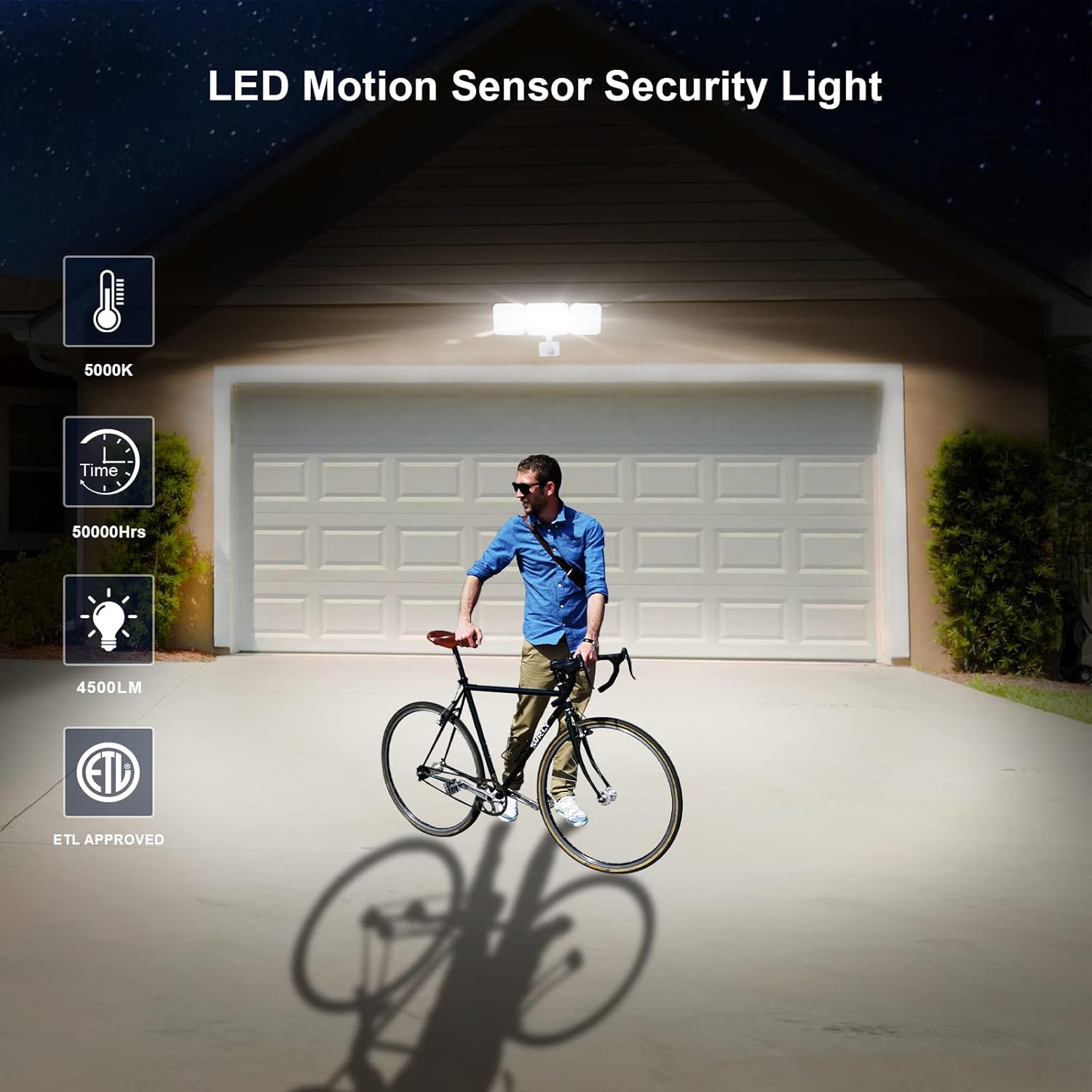 EMANER Motion Activated Security Light, Outdoor Floodlight Dusk to Dawn & Motion Sensor Adjust, Daylight Frosted Lens, ETL Listed 45W Wired Wall Light for Entryway/Yard/Garden, (1-Pack, White)