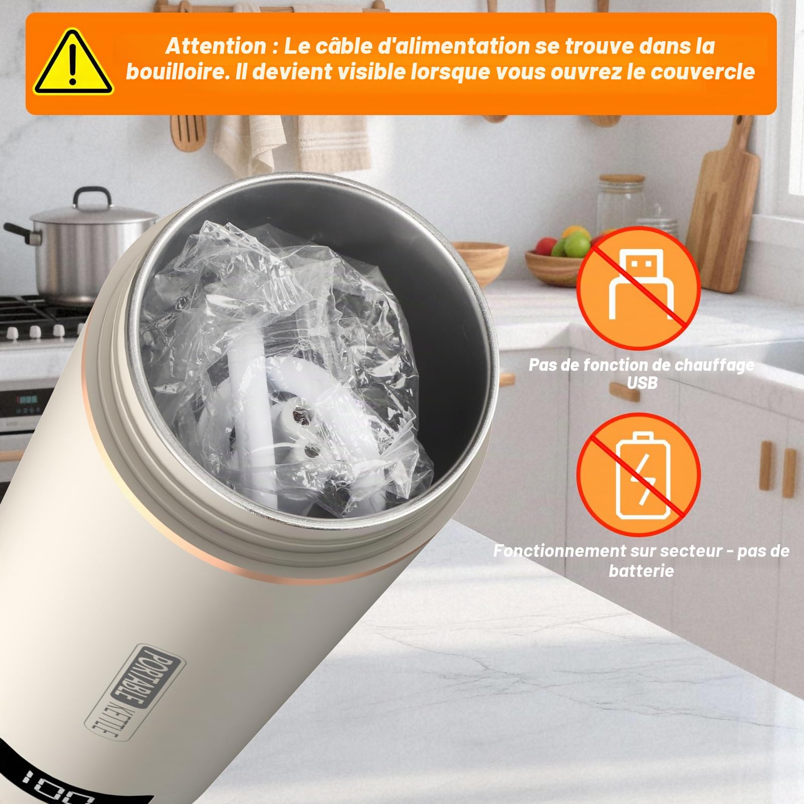 Petite bouilloire électrique de voyage, 500 ml/300 W, mini tasse à eau en acier inoxydable 316, chauffage automatiquement arrêté, avec couvercle réversible pour thé, café, lait de bébé (beige)