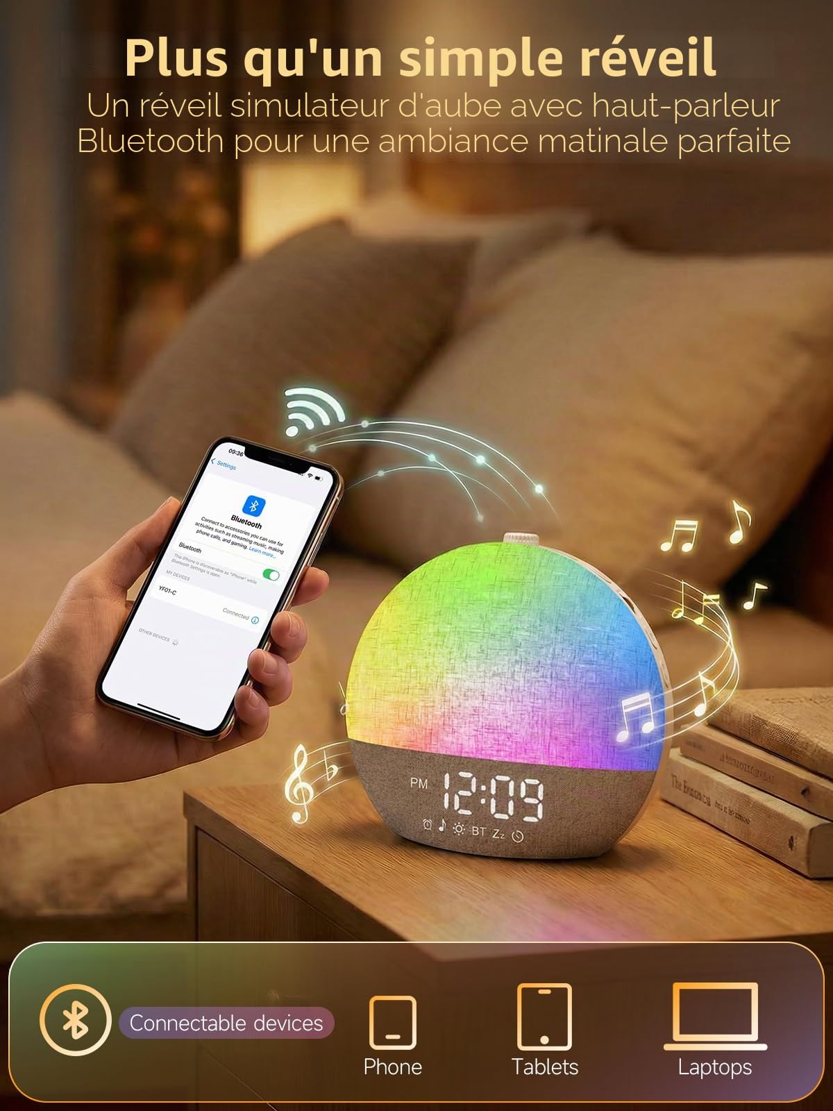 Reveil Lumineux, Simulateur D'Aube Fluorescente Avec Double Alarme Et Fonction Snooze 20 Niveaux De Luminosité Et 7 Couleurs 7 Bruits Blancs RéVeil Lumineux