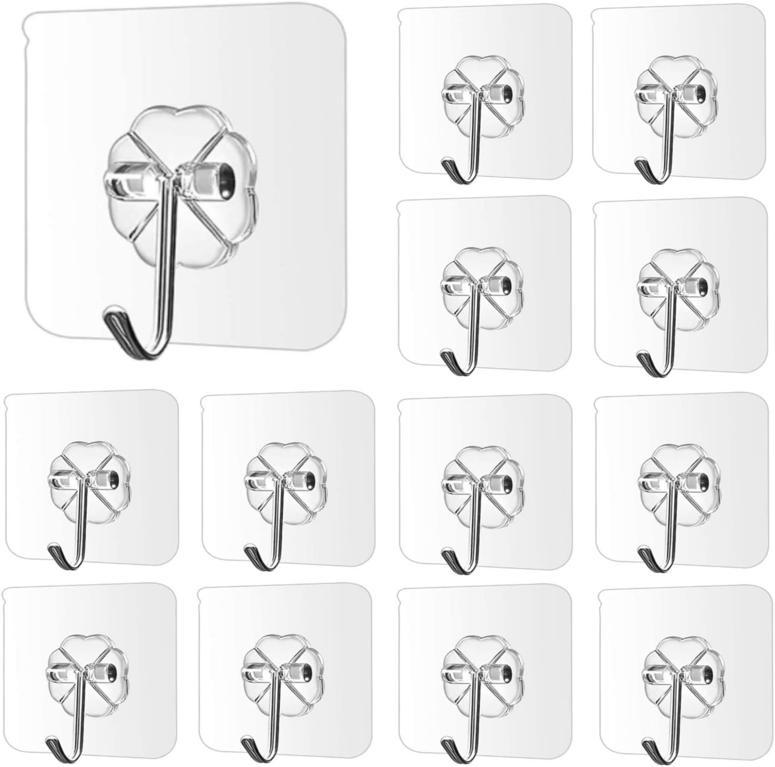 Wall Hooks 17lb(Max) Transparent Reusable Seamless Hooks,Waterproof and Oilproof,Bathroom Kitchen Heavy Duty Self Adhesive Hooks,12 Pack