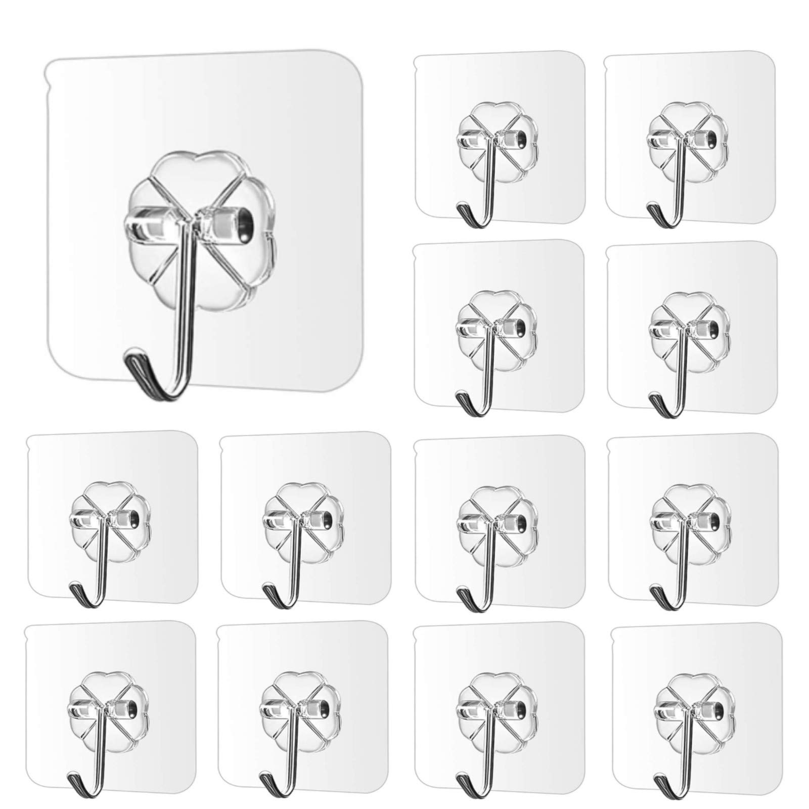 Wall Hooks 17lb(Max) Transparent Reusable Seamless Hooks,Waterproof and Oilproof,Bathroom Kitchen Heavy Duty Self Adhesive Hooks,12 Pack