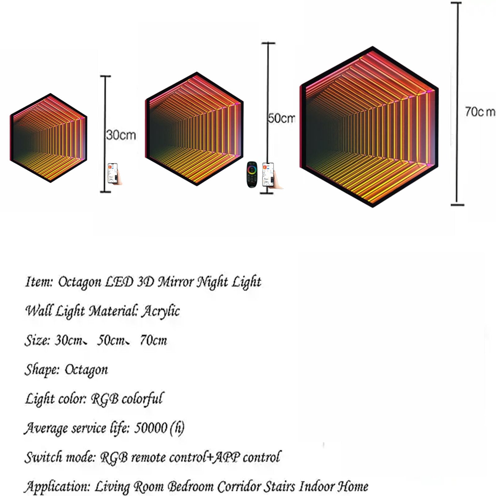 Inteligentne światło lustrzane 3D LED RGB Hexagon Infinity, lustrzane światło tunelowe, inteligentne sterowanie pilotem/aplikacją, światło dekoracyjne na imprezę festiwalową (50cm)