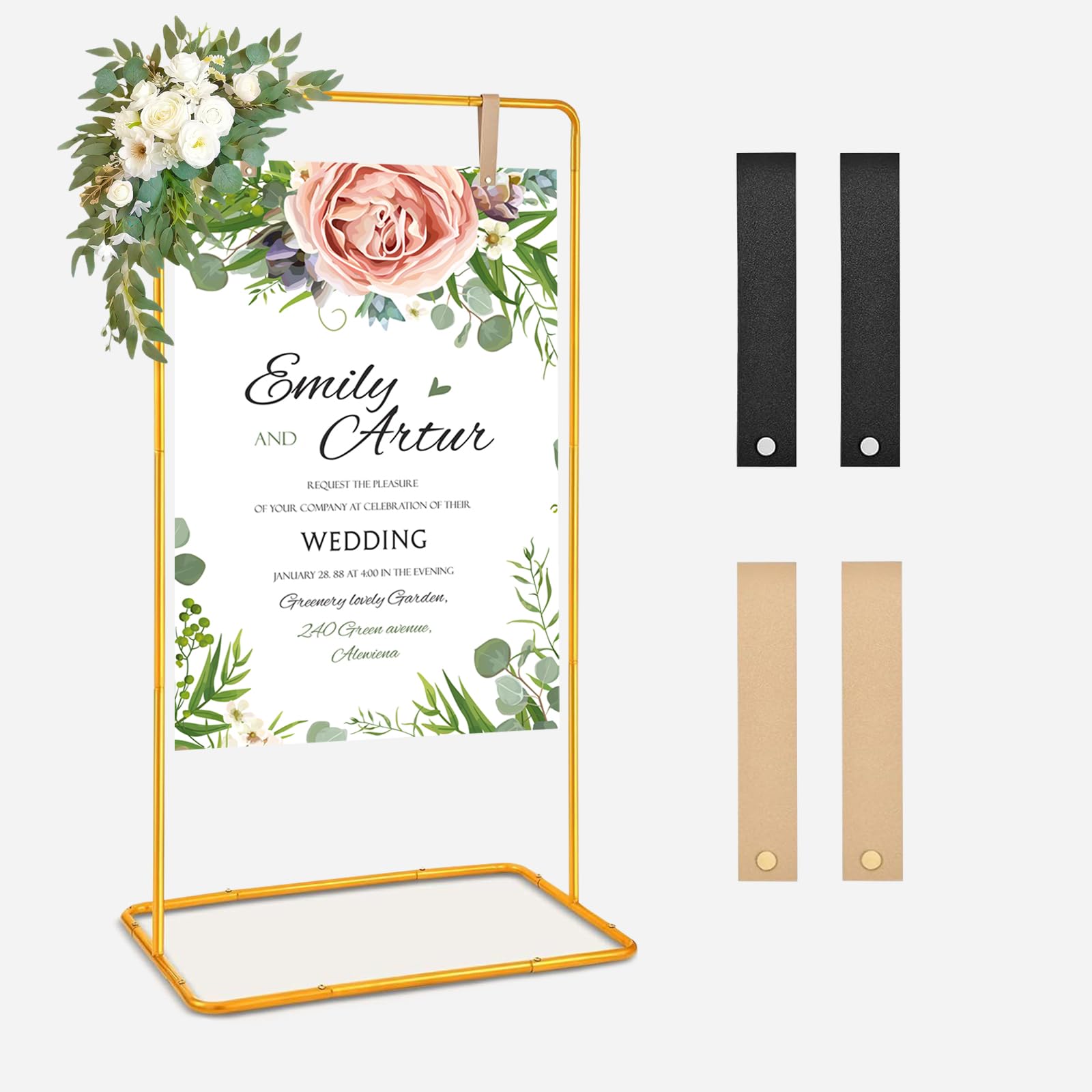 Supporto per cartelli nuziali, 173 x 80 x 50 cm Supporto per poster di matrimonio regolabile, con 4 cinghie in pelle, adatto per tabelle dei posti, ricevimenti, poster e decorazioni (Oro)