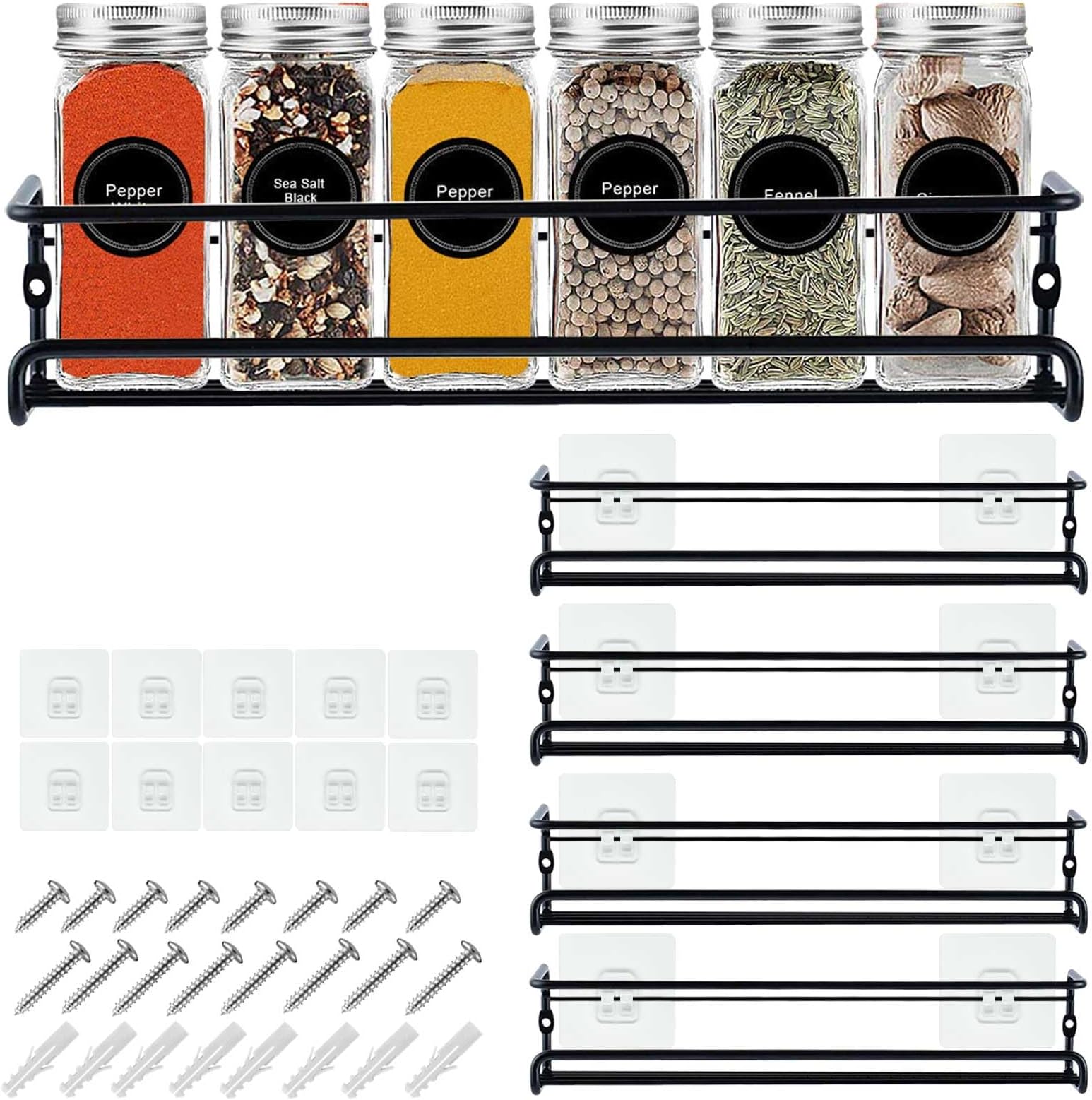 Spice racks Organizer 4 Tier Wall Mounted Condiment Holder With Adhesive Sticker and Screws for Kitchen Condiments & Inside Cupboard Spice Organizer Tidy (Black)
