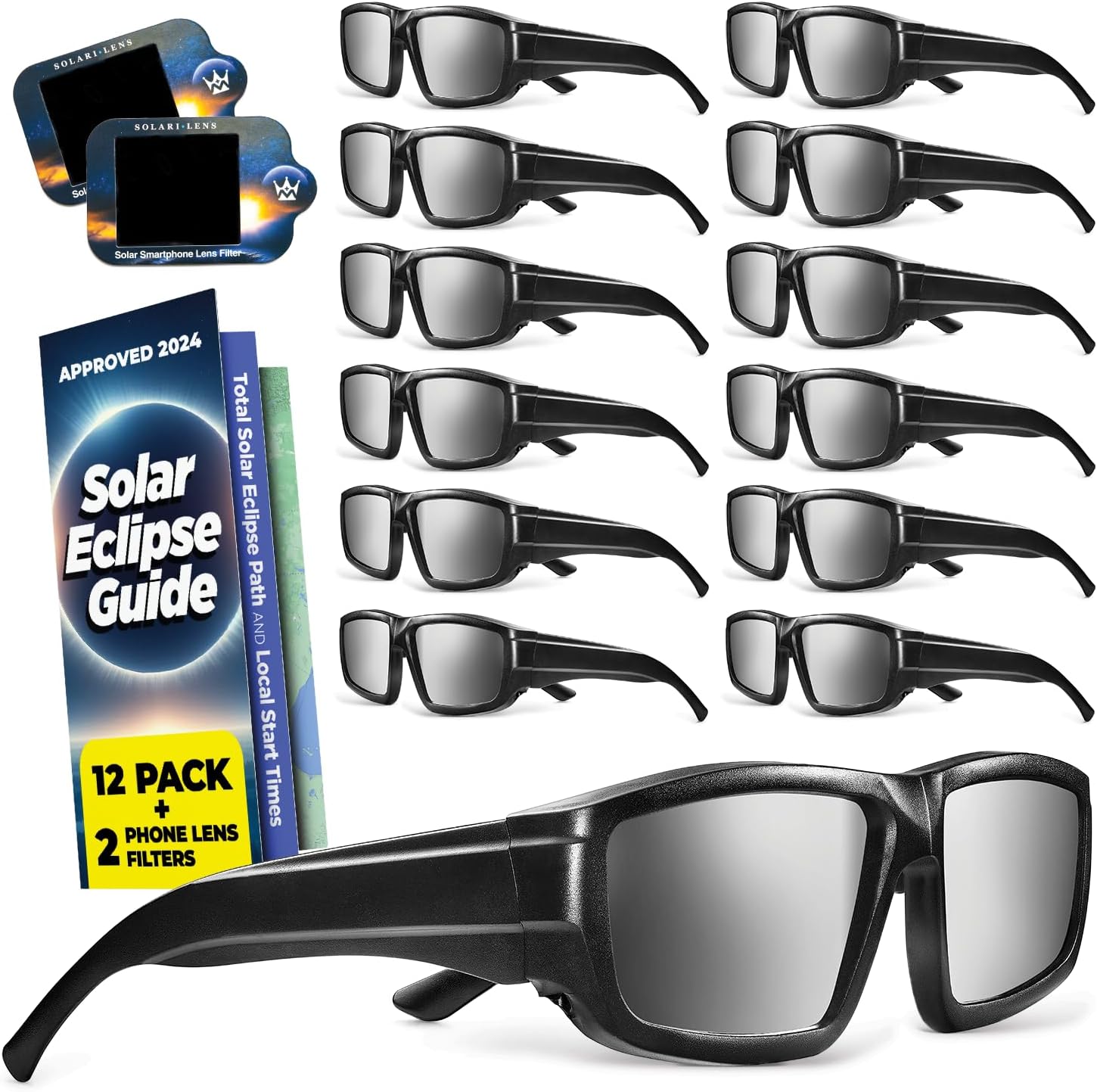 Medical king Solar Eclipse Glasses Approved 2024 (12 Pack) CE and ISO Certified Solar Eclipse Observation Glasses Safe Shades for Direct Sun Viewing Bonus Smartphone Photo Filter Lens
