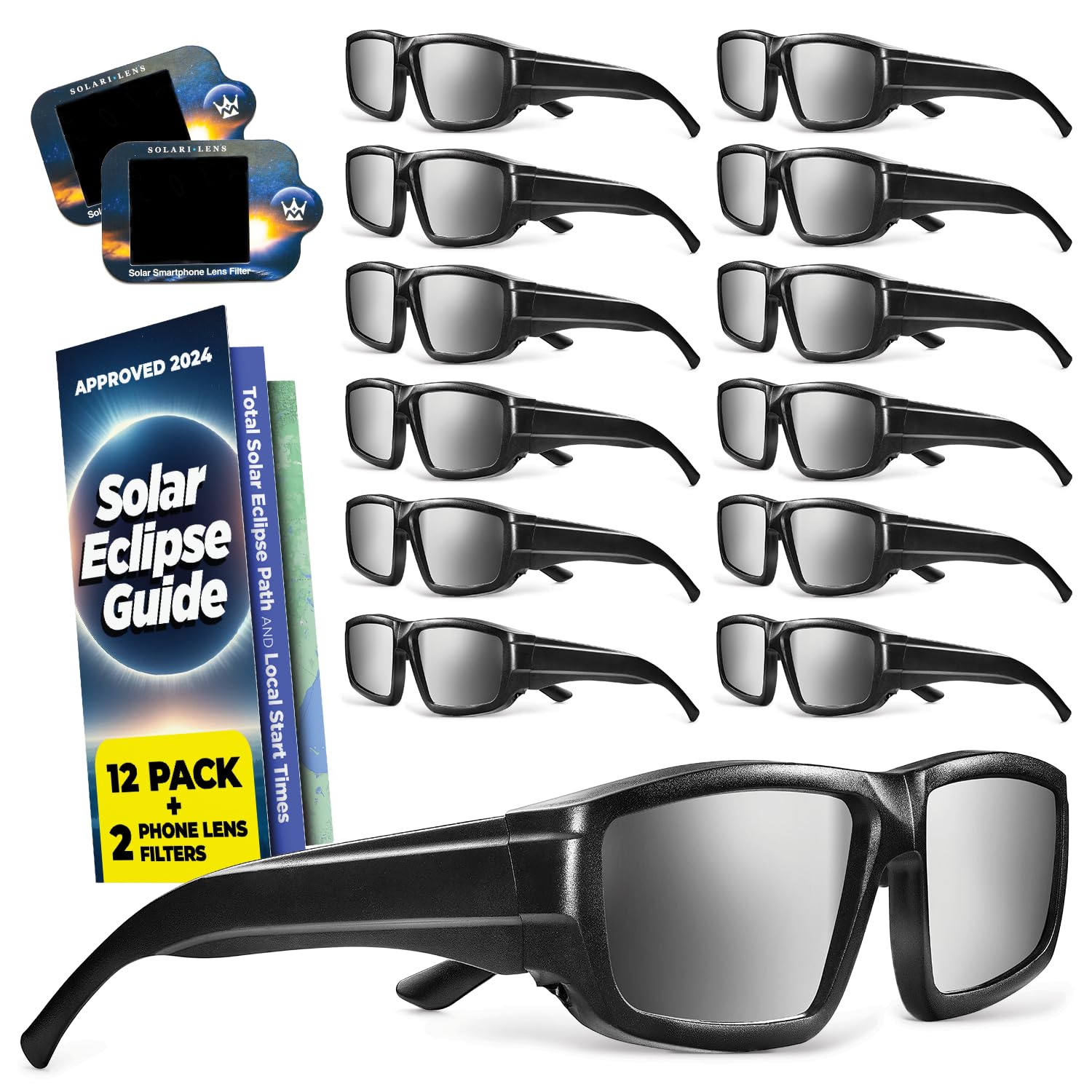 Medical king Solar Eclipse Glasses Approved 2024 (12 Pack) CE and ISO Certified Solar Eclipse Observation Glasses Safe Shades for Direct Sun Viewing Bonus Smartphone Photo Filter Lens