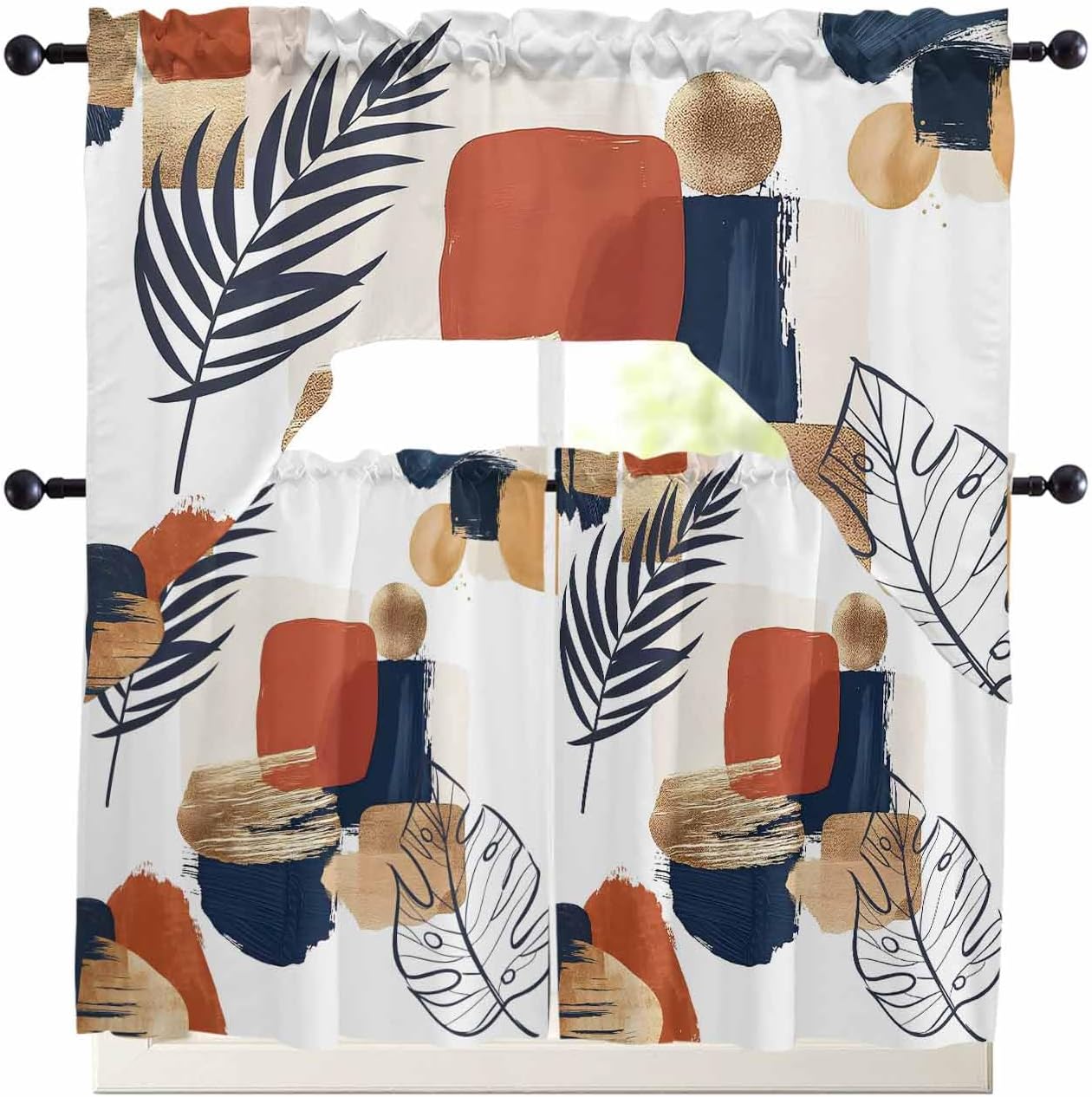 Boho Geometric Swag Kitchen Curtain Sets with Valance,3 Pieces Rod Pocket Curtain Drapes for Bedroom Bathroom Cafe Windows,Modern Leaves Abstract Middle Century 56''x36''&24''x27.5''x2Panels