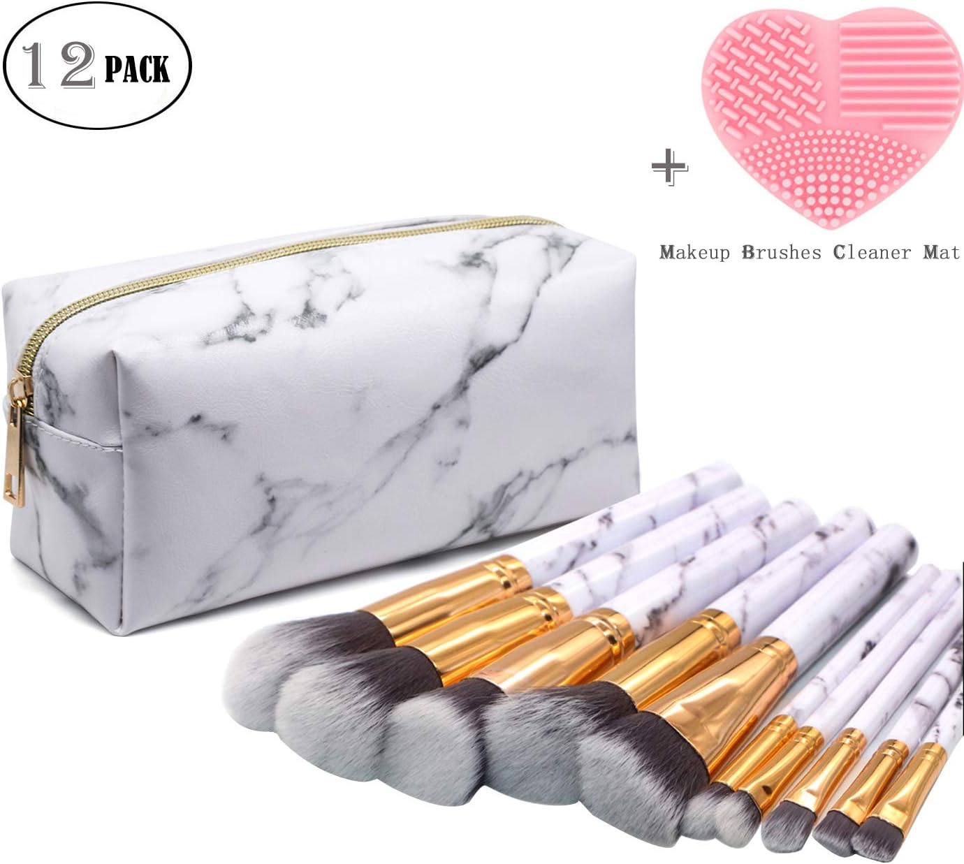 Makeup Brushes Sets,10 Pcs Marble Make Up Brush Face Eyeliner Blush Contour Foundation Eyeshadow Brushes for Women Powder Liquid Cream with White PU Leather Cosmetic Bag Holder&Brush Cleaner (Marble)