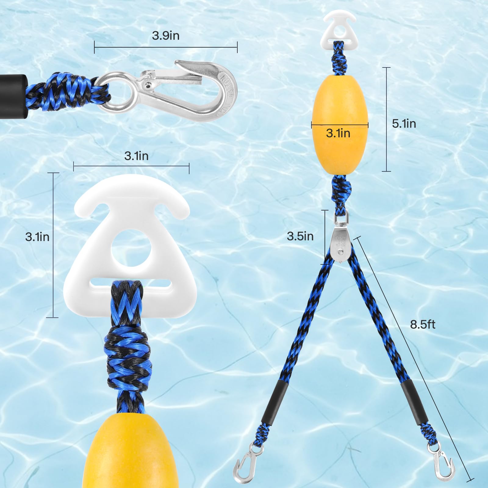 Arnés de remolque de barco resistente para tubos, cuerda de remolque para deportes acuáticos para remolques y tubos de barco, línea de arnés de remolque autocentrante con conector rápido de clip y