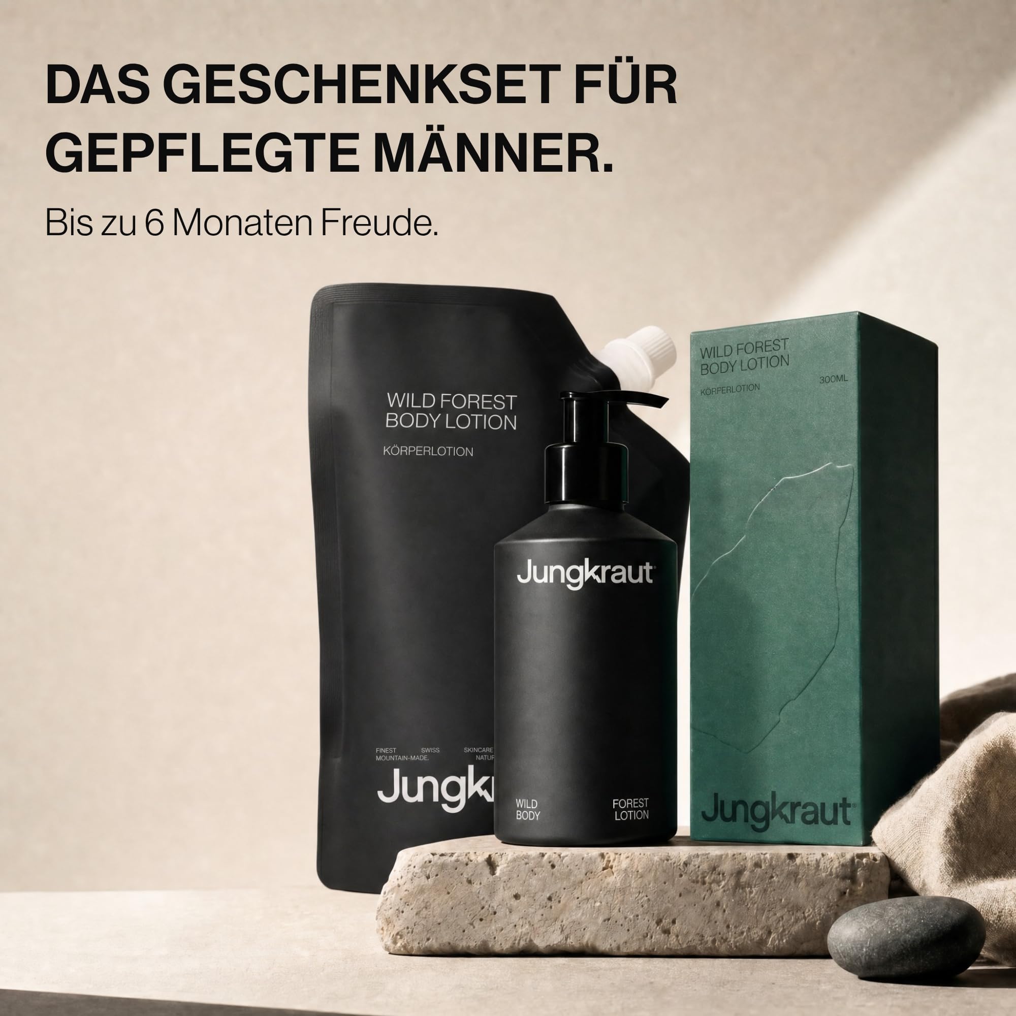 Wild Forest Body Lotion Set Männer 300ml Aluflasche + 300ml Refill, natürliche Körperlotion, ultraleicht, nicht klebend, Swiss Made, vegan