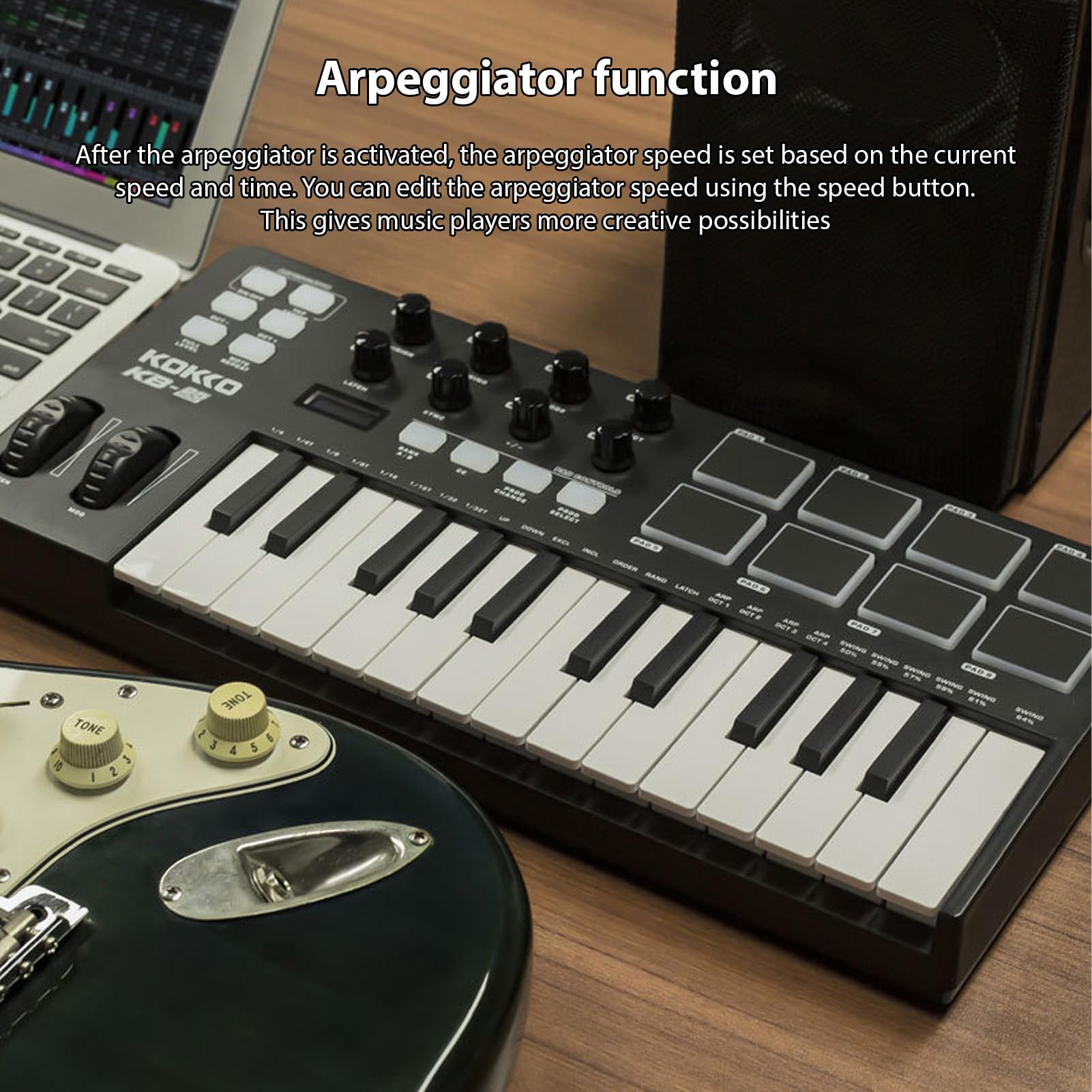 Controlador de teclado MIDI Beat Maker Machine Teclado MIDI de 25 teclas Pad de arreglos portátil Perillas asignables MIDI Botones Faders Fuente de alimentación USB de 5 V para producción music