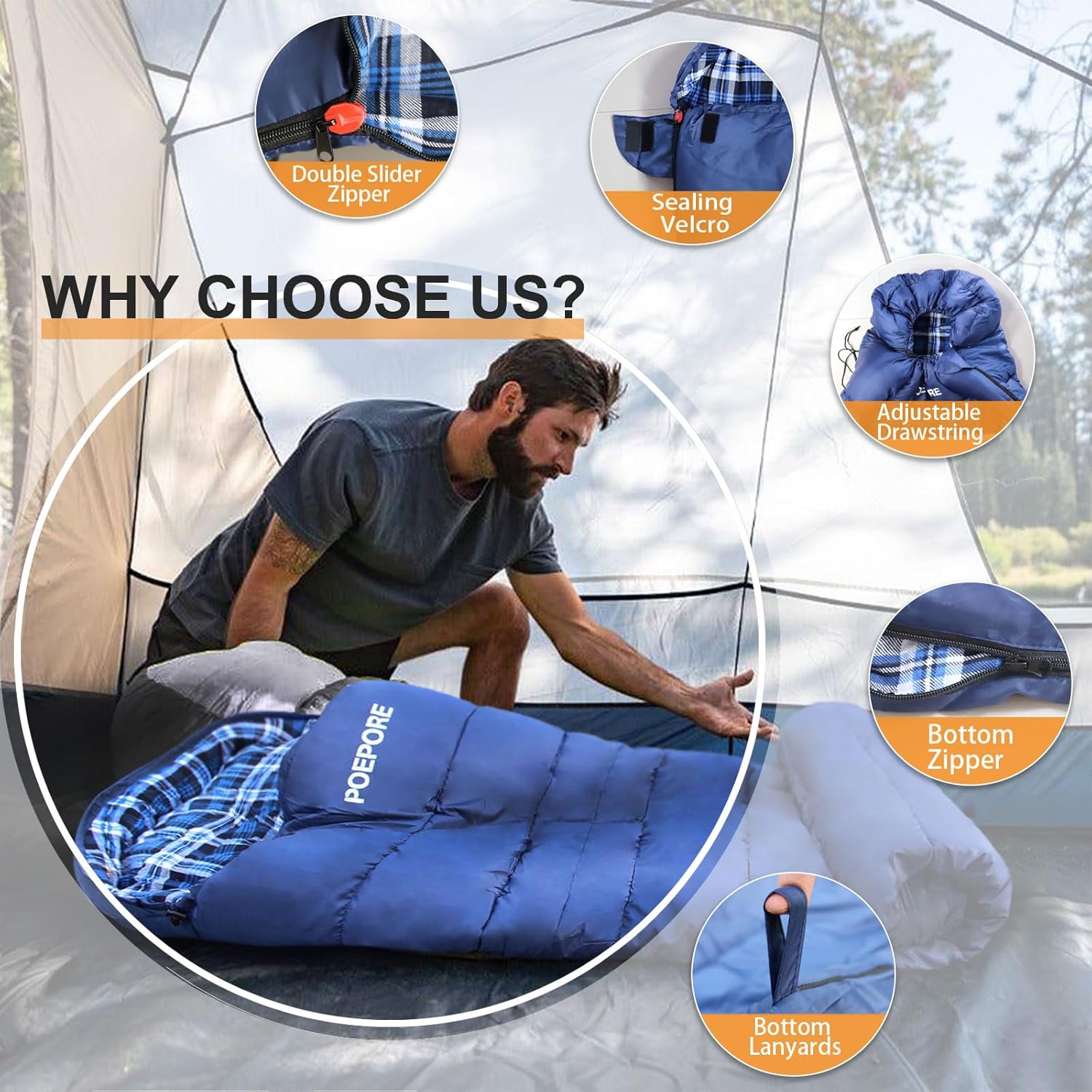 0 Degree Sleeping Bag 100% Cotton Flannel XXL Cold Weather Winter Oversized Sleeping Bag for Adults Camping Zero Degree Big and Tall with Compression Sack - Image 4