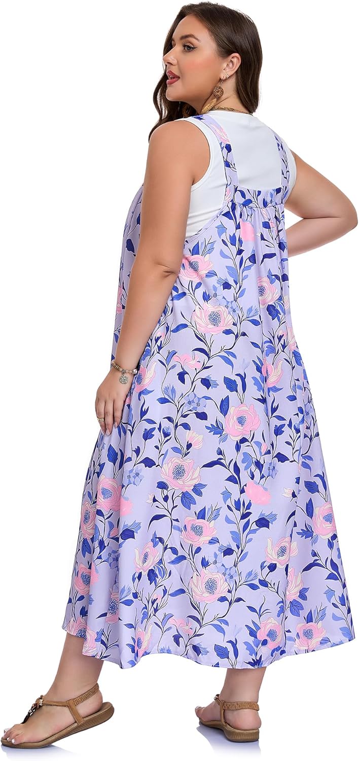 Moon Wood Plus Size Overall Dress for Women Floral Maxi Dress Casual Loose Fit A-Line Flowy Jumper Dress with Pockets - Image 4
