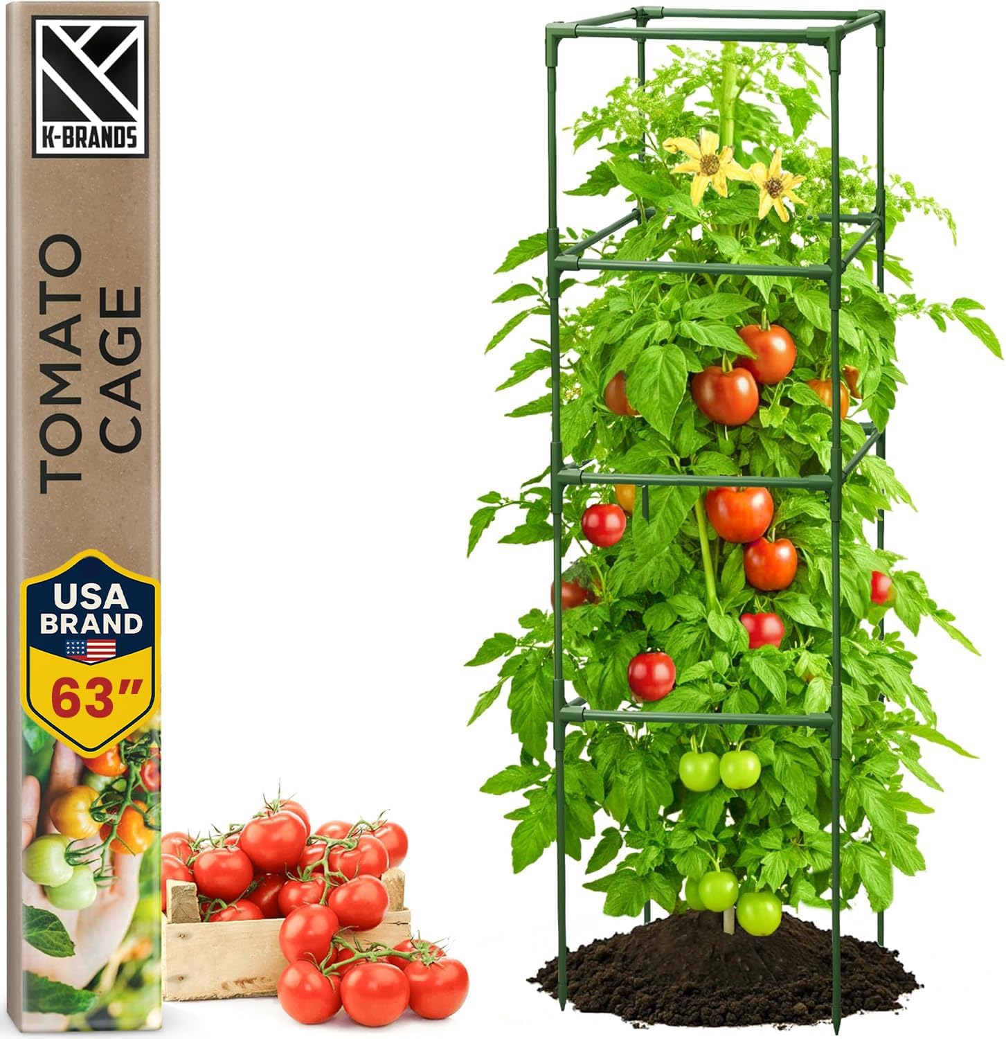 Tomato Cage Square - Large Trellis Stakes and Plant Support Structures for Vegetables and Climbing Plants - Tall Tomato Cages for Garden, Pots, Raised Garden Bed Outdoor Supplies (1 Pack - Up to 63")