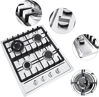 23" 4 Burners NG/LPG Built-In Gas Cooktop Powerful Stove Top Propane Cooktops With Stainless Steel Surface Cast Iron Grates and Electronic Ignition System for Home, Hotel, Restaurant Use