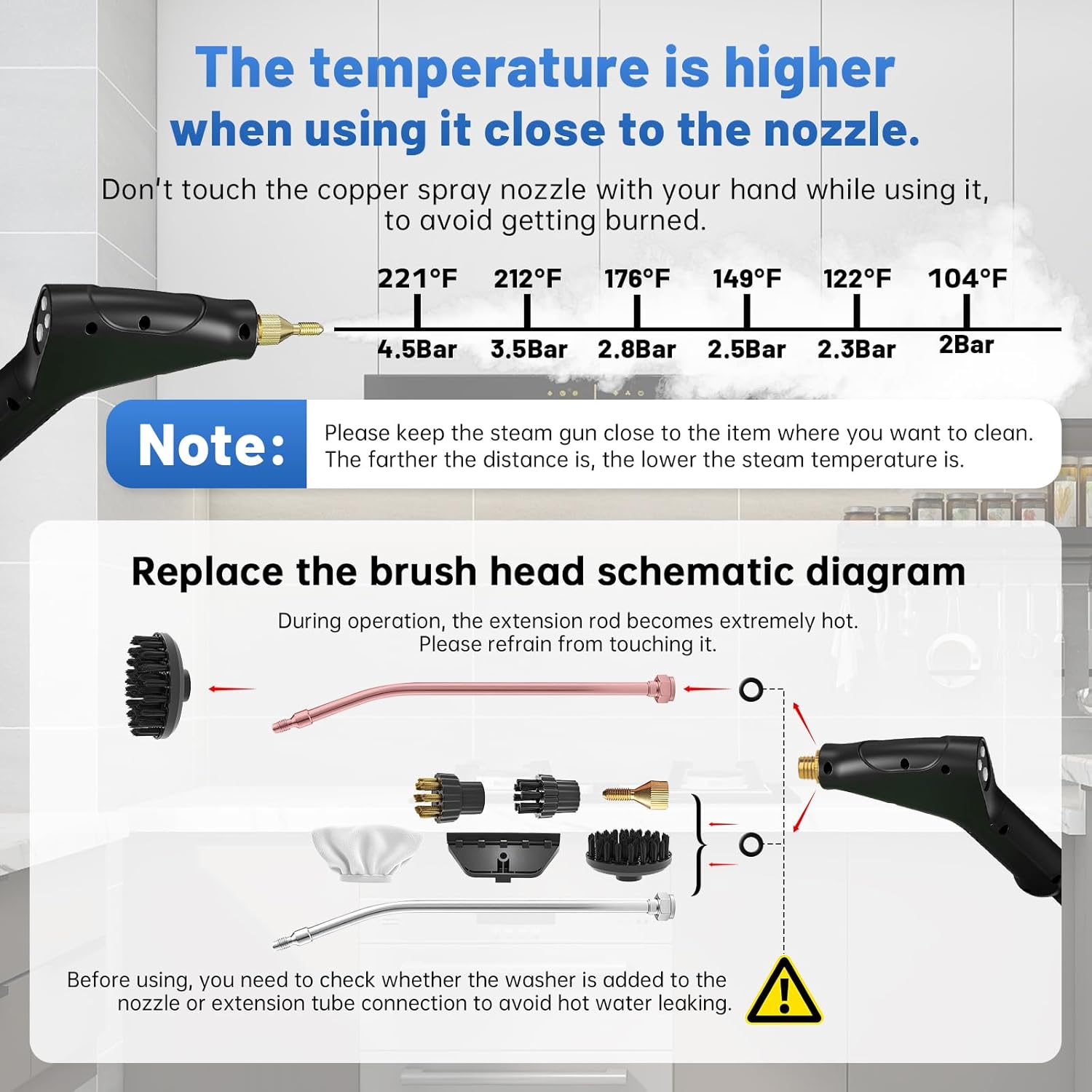 High Pressure Steam Cleaner, 6-Level Adjustable, 15s Heat-Up, 1.2L Large Tank. Portable High Temp Bathroom Power Steamer Cleaning Machine Steam Cleaner For Home Use Kitchen Grease Car Cleaning - Image 2