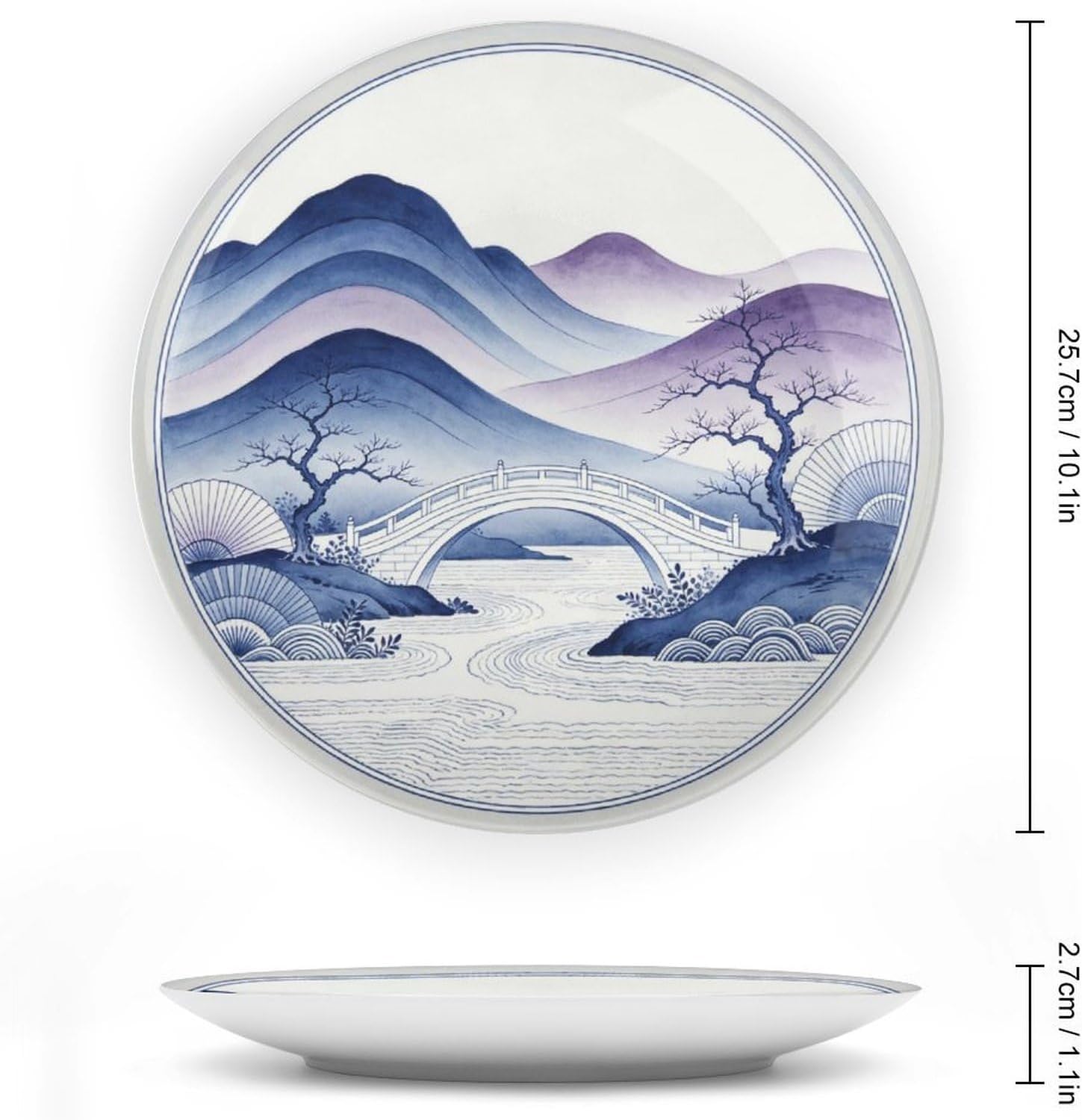 Blue White Porcelain Art Plate, Rolling Hills And Dry Tree Scenery for Hallway Accent Bone China Decorative Plate, 10inch Wall Art Home Decor
