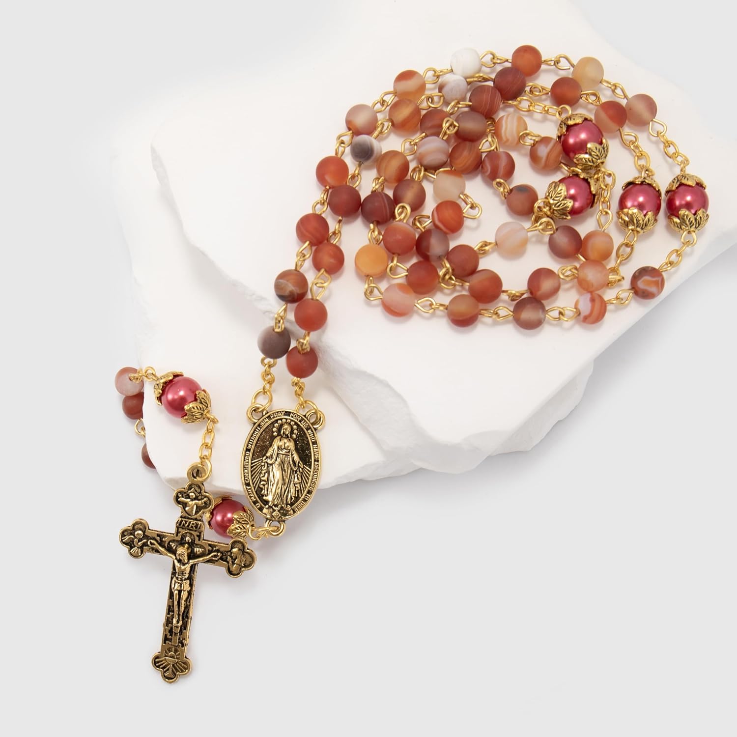 Nazareth Store Catholic Rosary Necklace Matte Stone Beads Green Pearl Round Beads Miraculous Medal & Cross - Velvet Bag - Image 6