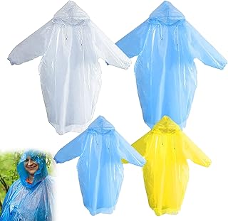 kuryt Disposable Rain Ponchos 4PCS Disposable Poncho with Hood and Sleeves Disposable Raincoat Two Size Plastic Ponchos Adults Disposable Fits Adults Kids for Festivals Camping Fishing Theme Parks