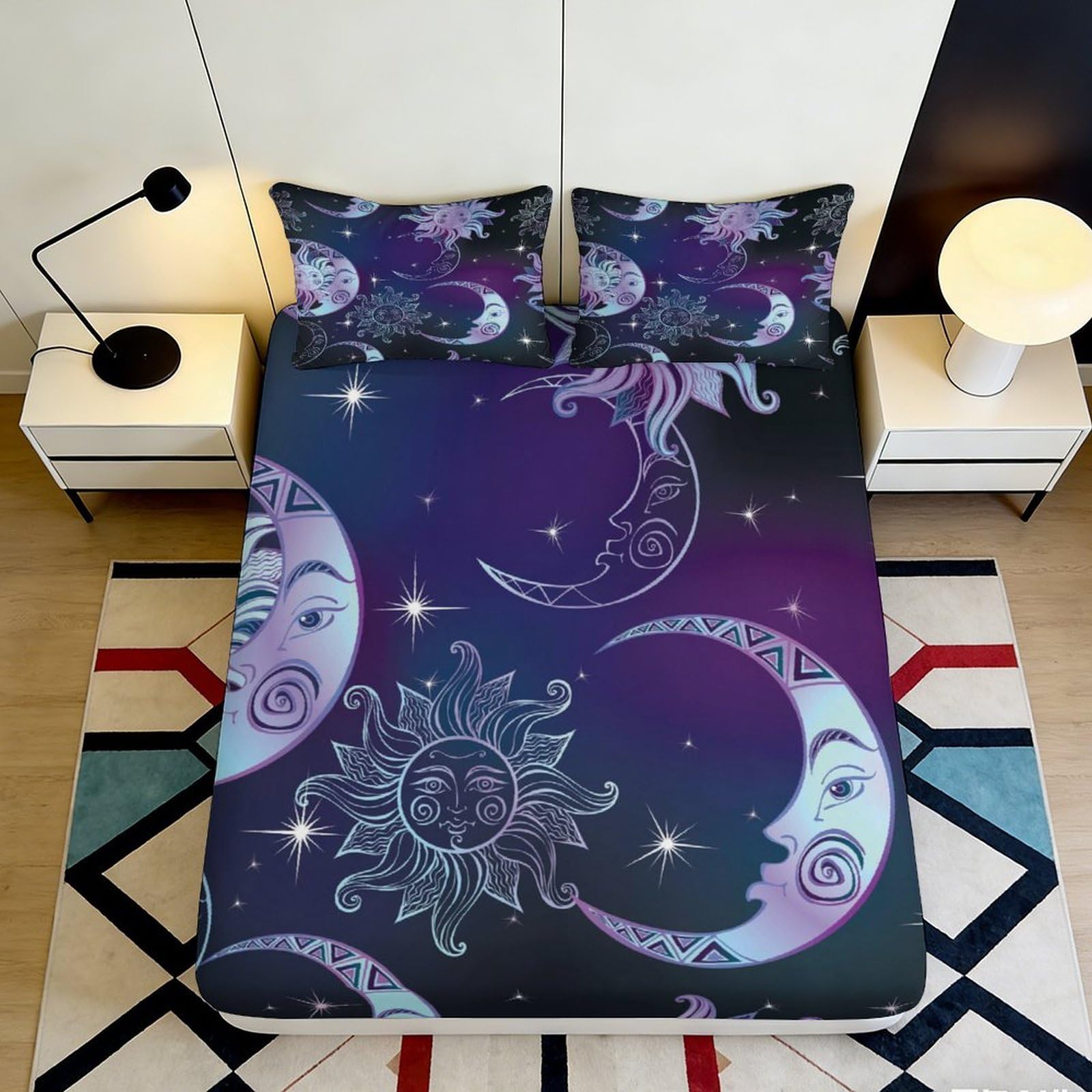 3D Printed celestial Fitted Sheet, purple moon sun star pattern, soft touch Microfiber, wrinkle resistant, home bedroom guest room decor, easy care 90x200x25cm