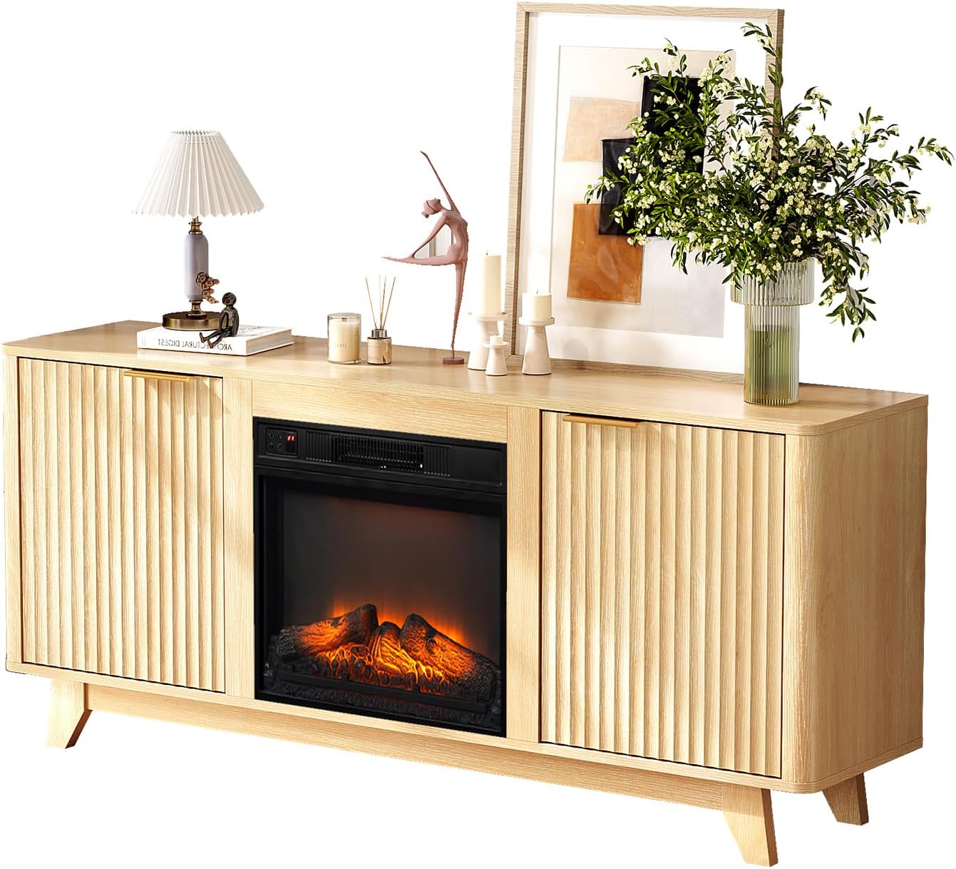 Bonnlo Fireplace TV Stand for up to 70-Inch TVs, Fluted Entertainment Center with Electric Fireplace Heater, Adjustable Shelves & Storage, TV Console for Living Room, Oak