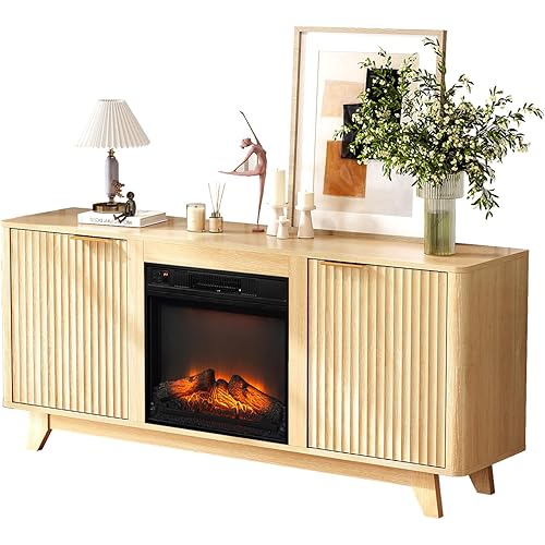 Bonnlo Fireplace TV Stand for up to 70-Inch TVs, Fluted Entertainment Center with Electric Fireplace Heater, Adjustable Shelves & Storage, TV Console for Living Room, Oak